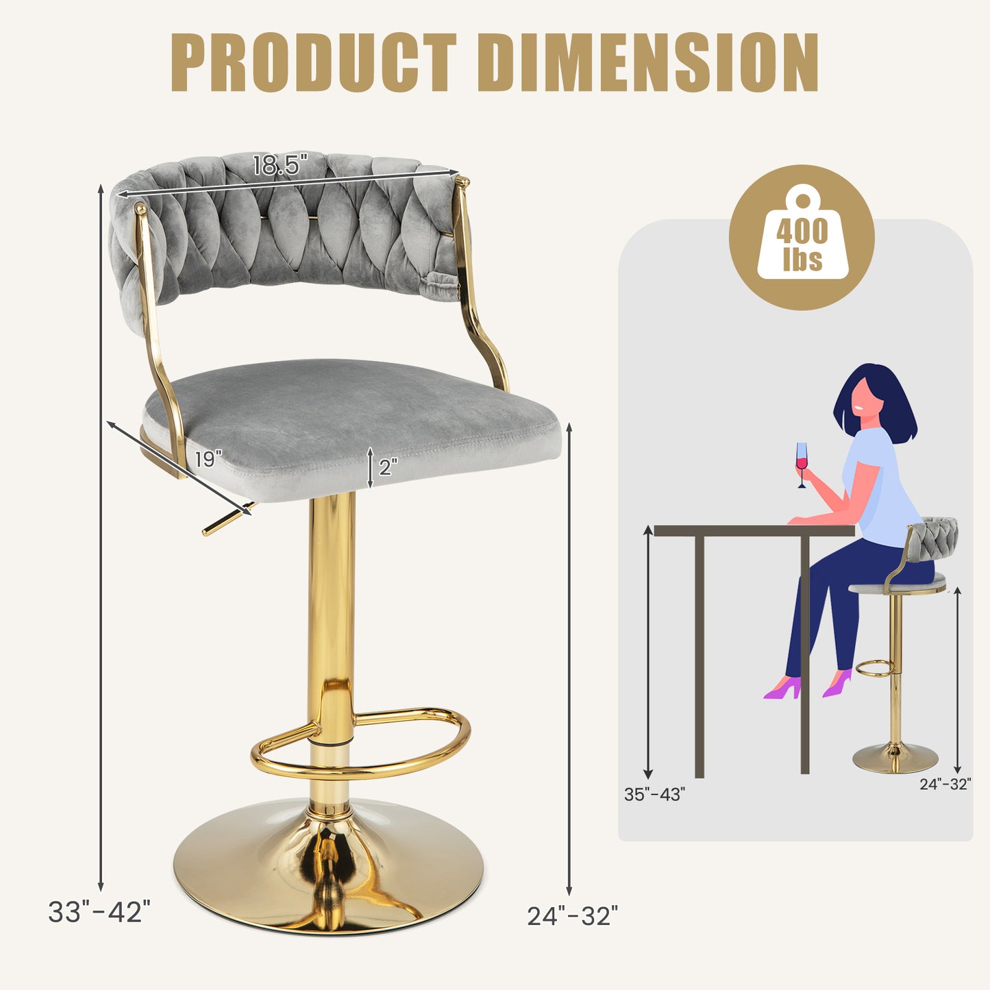 2 Pieces Velvet Swivel Bar Stools with Woven Back and Gold Metal Base for Island or Cafe Seating - Grey