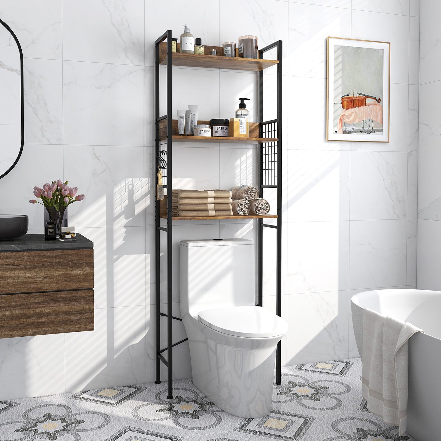 3 Tier Over-the-Toilet Storage Shelf with Hooks & Adjustable Foot Pads