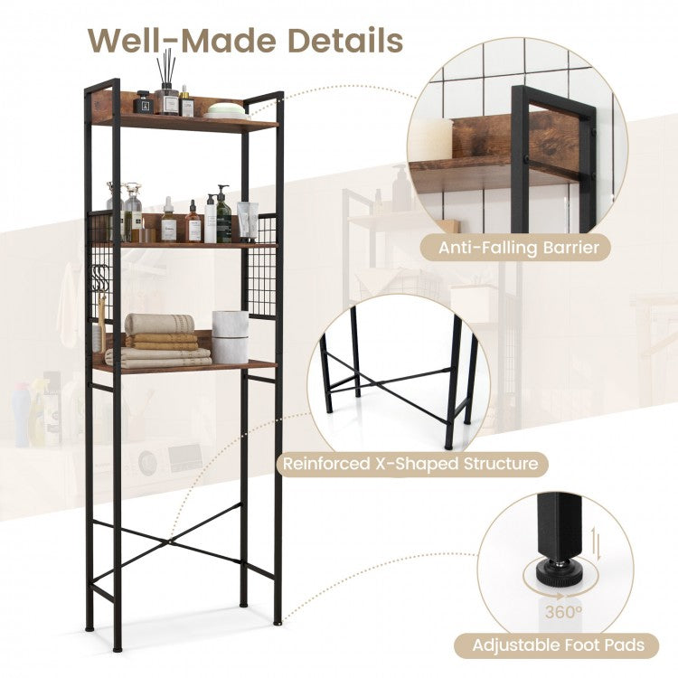 3 Tier Over-the-Toilet Storage Shelf with Hooks & Adjustable Foot Pads