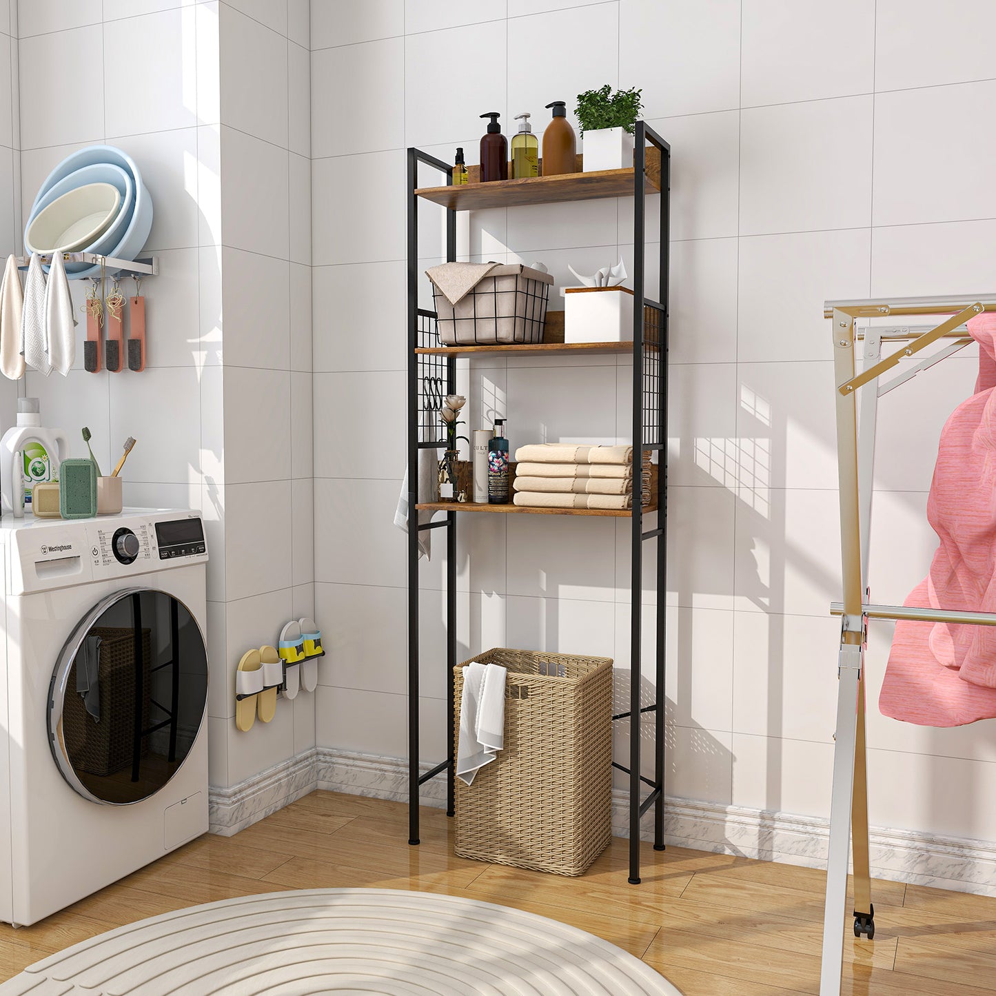 3 Tier Over-the-Toilet Storage Shelf with Hooks & Adjustable Foot Pads