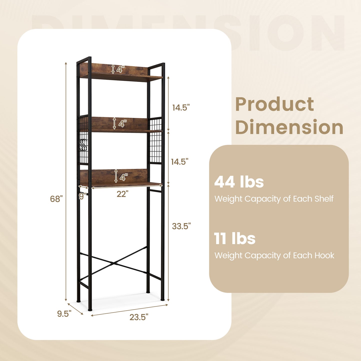 3 Tier Over-the-Toilet Storage Shelf with Hooks & Adjustable Foot Pads
