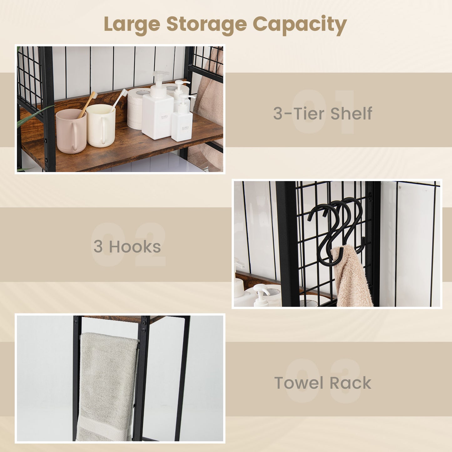 3 Tier Over-the-Toilet Storage Shelf with Hooks & Adjustable Foot Pads