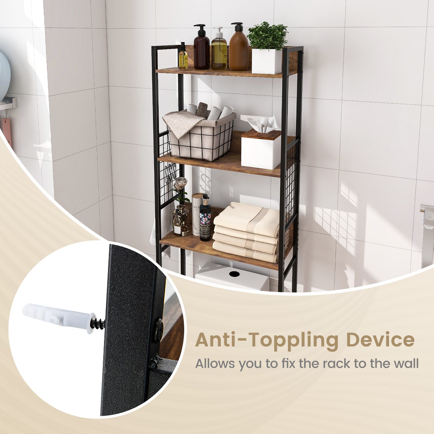 3 Tier Over-the-Toilet Storage Shelf with Hooks & Adjustable Foot Pads