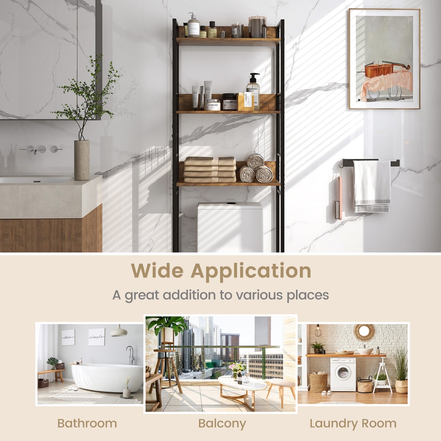3 Tier Over-the-Toilet Storage Shelf with Hooks & Adjustable Foot Pads