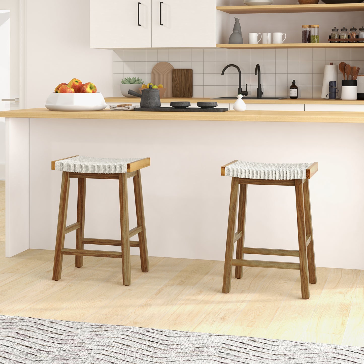 25.5 Inch Dining Bar Stools with Seaweed Woven Seats and Solid Wood Frame, Set of 2