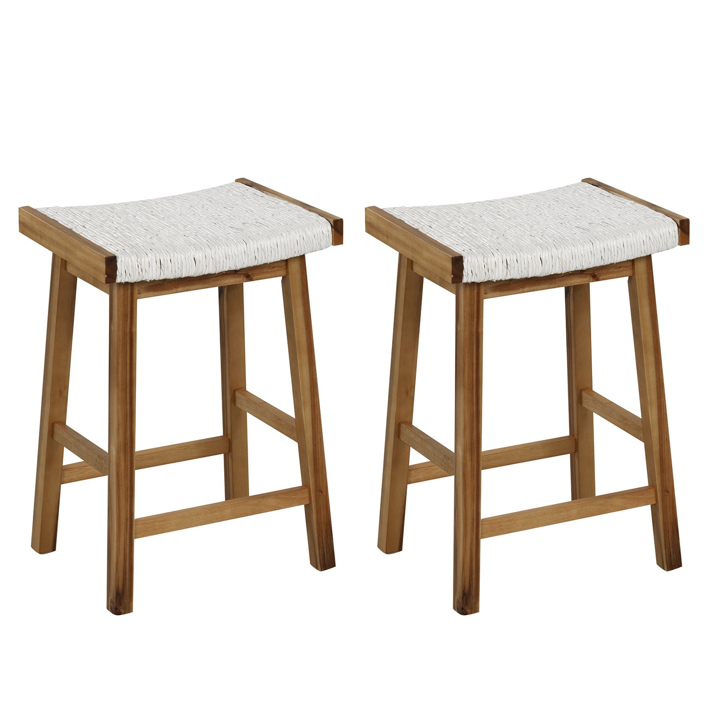 25.5 Inch Dining Bar Stools with Seaweed Woven Seats and Solid Wood Frame, Set of 2