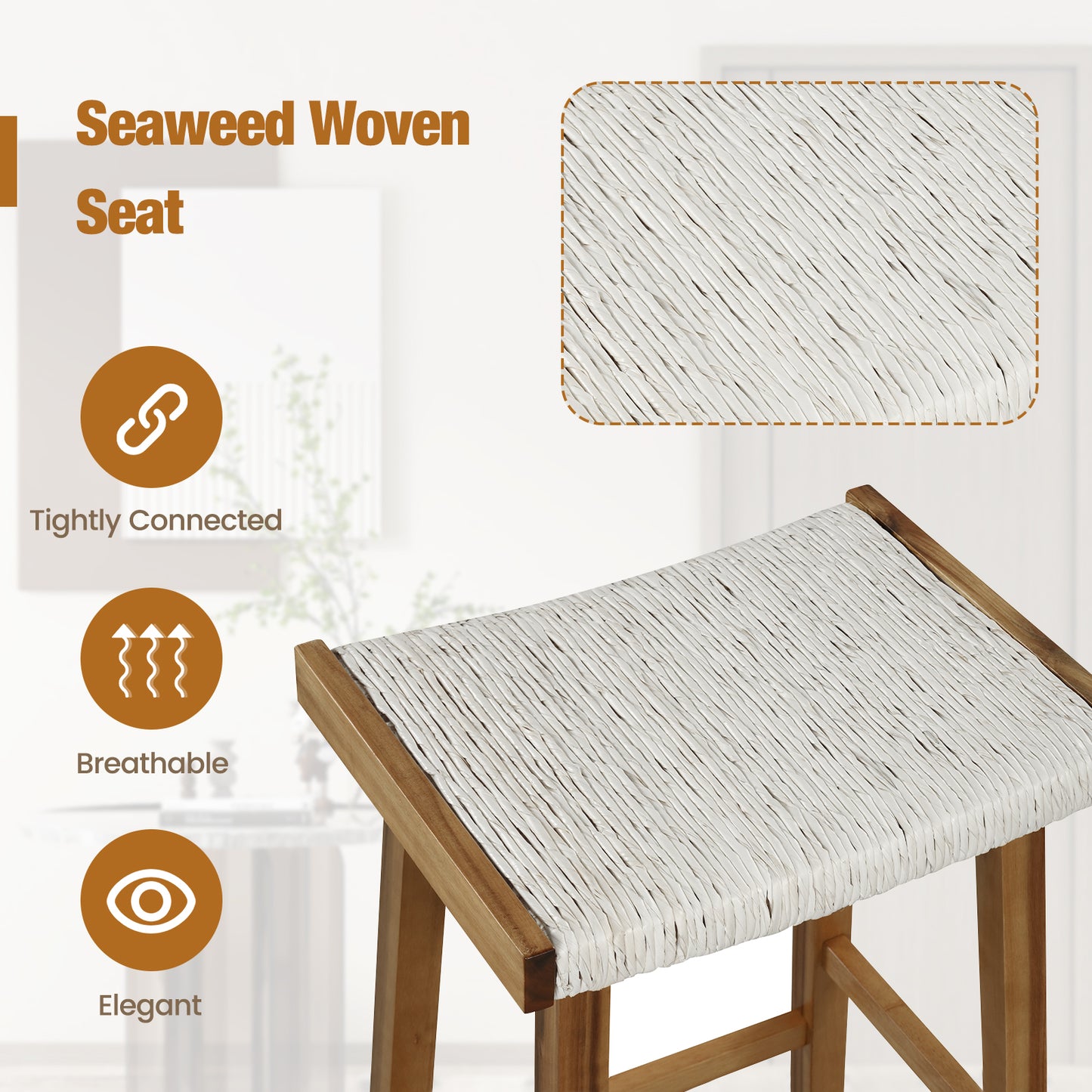 25.5 Inch Dining Bar Stools with Seaweed Woven Seats and Solid Wood Frame, Set of 2