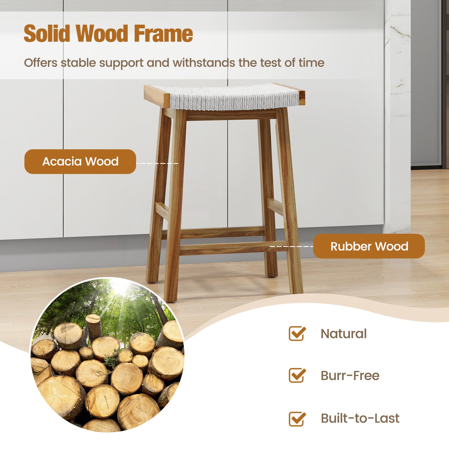 25.5 Inch Dining Bar Stools with Seaweed Woven Seats and Solid Wood Frame, Set of 2