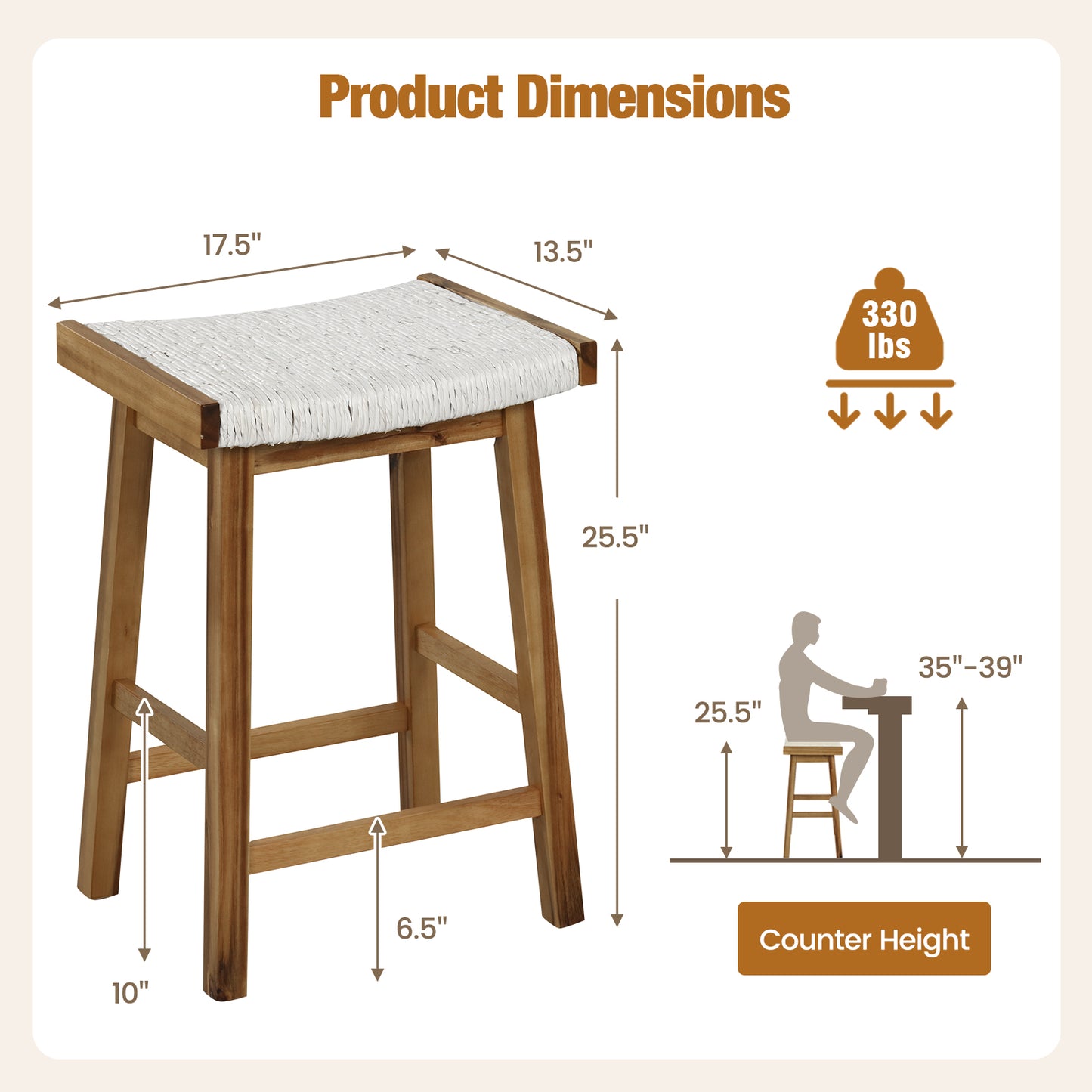 25.5 Inch Dining Bar Stools with Seaweed Woven Seats and Solid Wood Frame, Set of 2