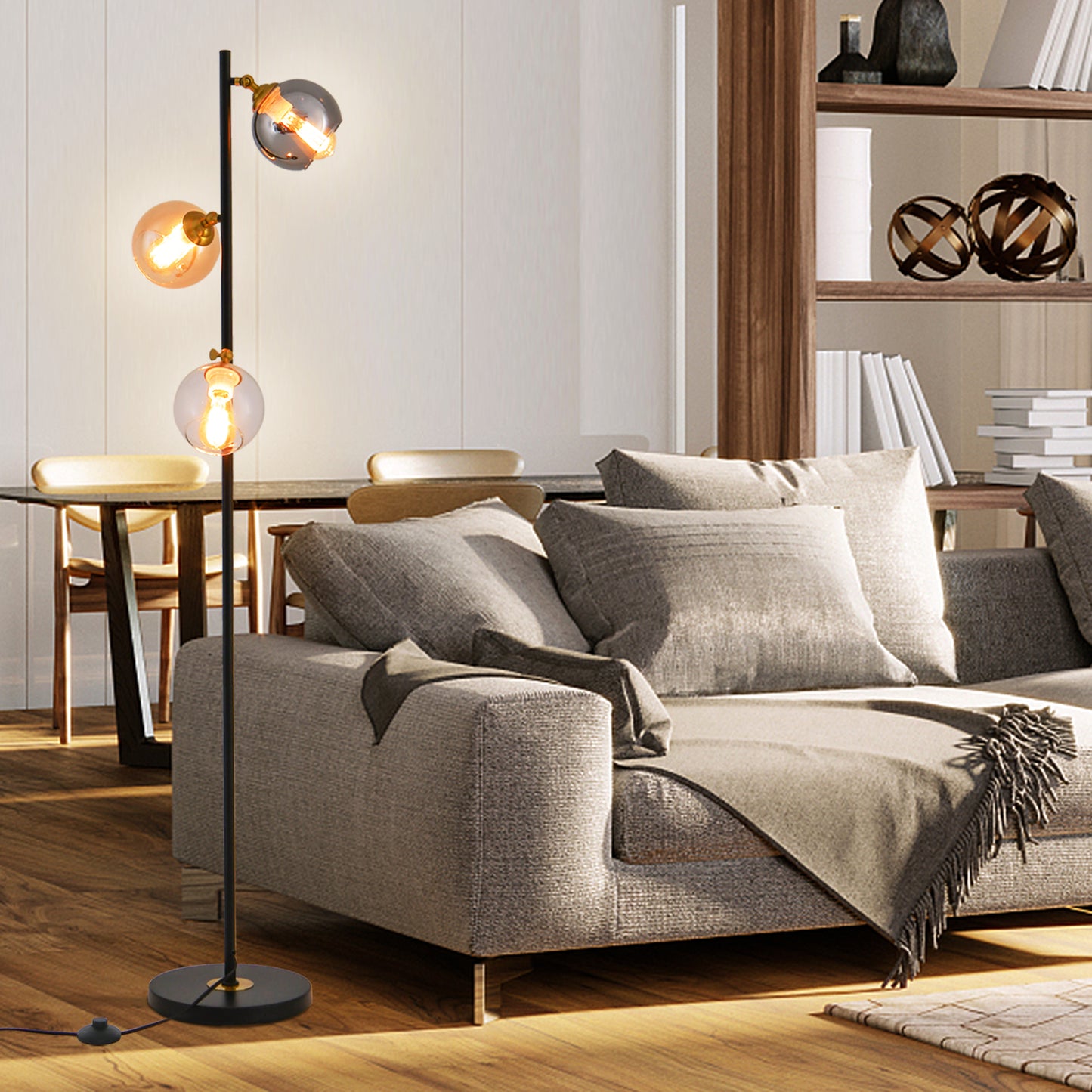 Elegant Mid-Century 3 Globe Floor Lamp with Adjustable Glass Shades and Weighted Base