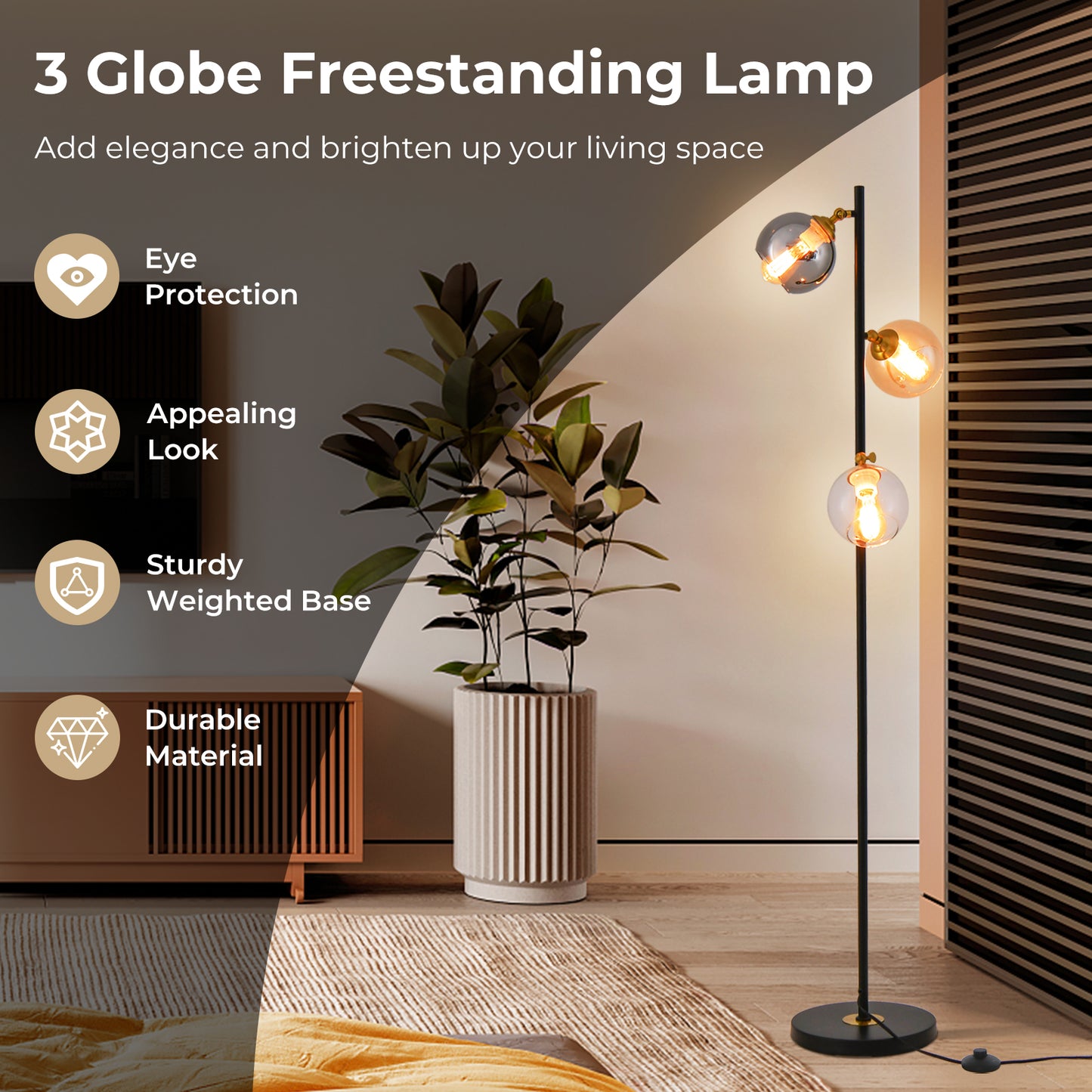 Elegant Mid-Century 3 Globe Floor Lamp with Adjustable Glass Shades and Weighted Base