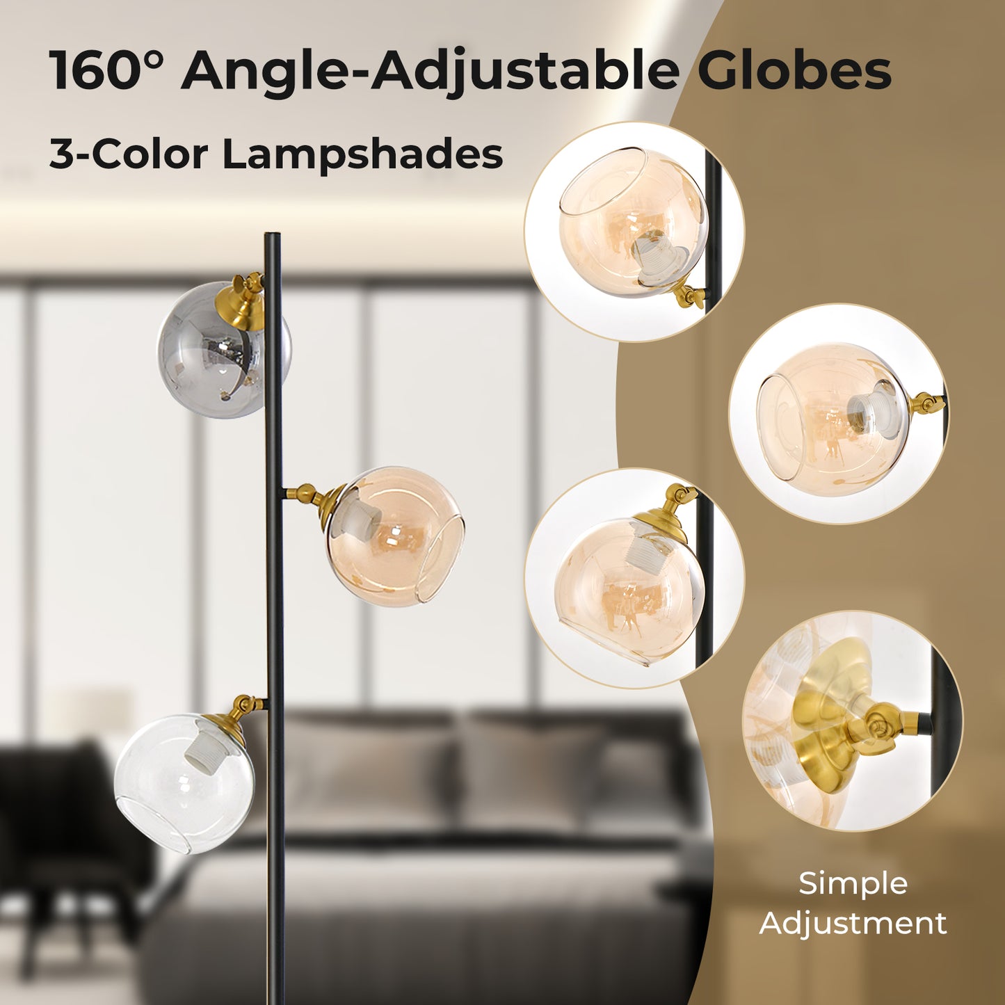 Elegant Mid-Century 3 Globe Floor Lamp with Adjustable Glass Shades and Weighted Base