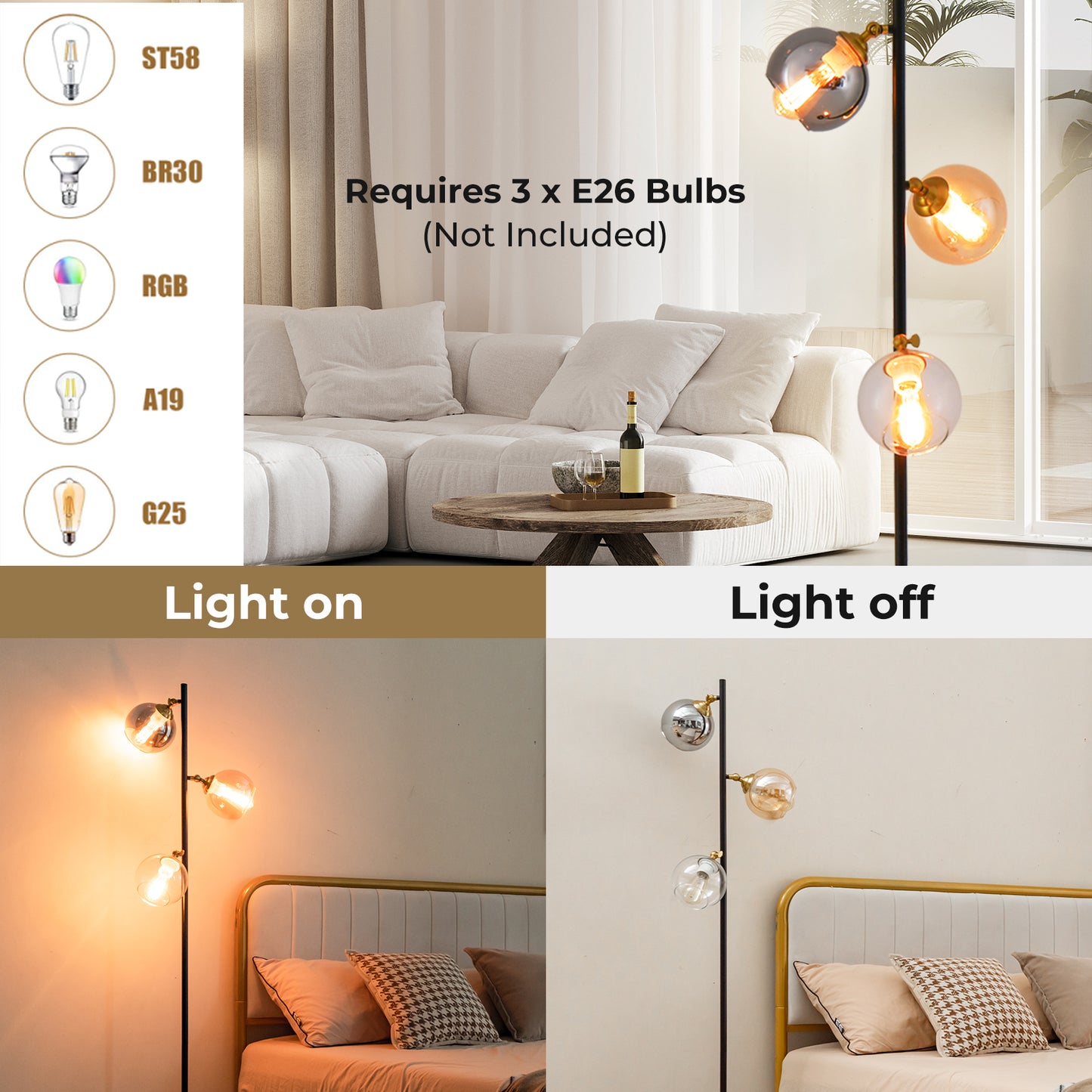 Elegant Mid-Century 3 Globe Floor Lamp with Adjustable Glass Shades and Weighted Base