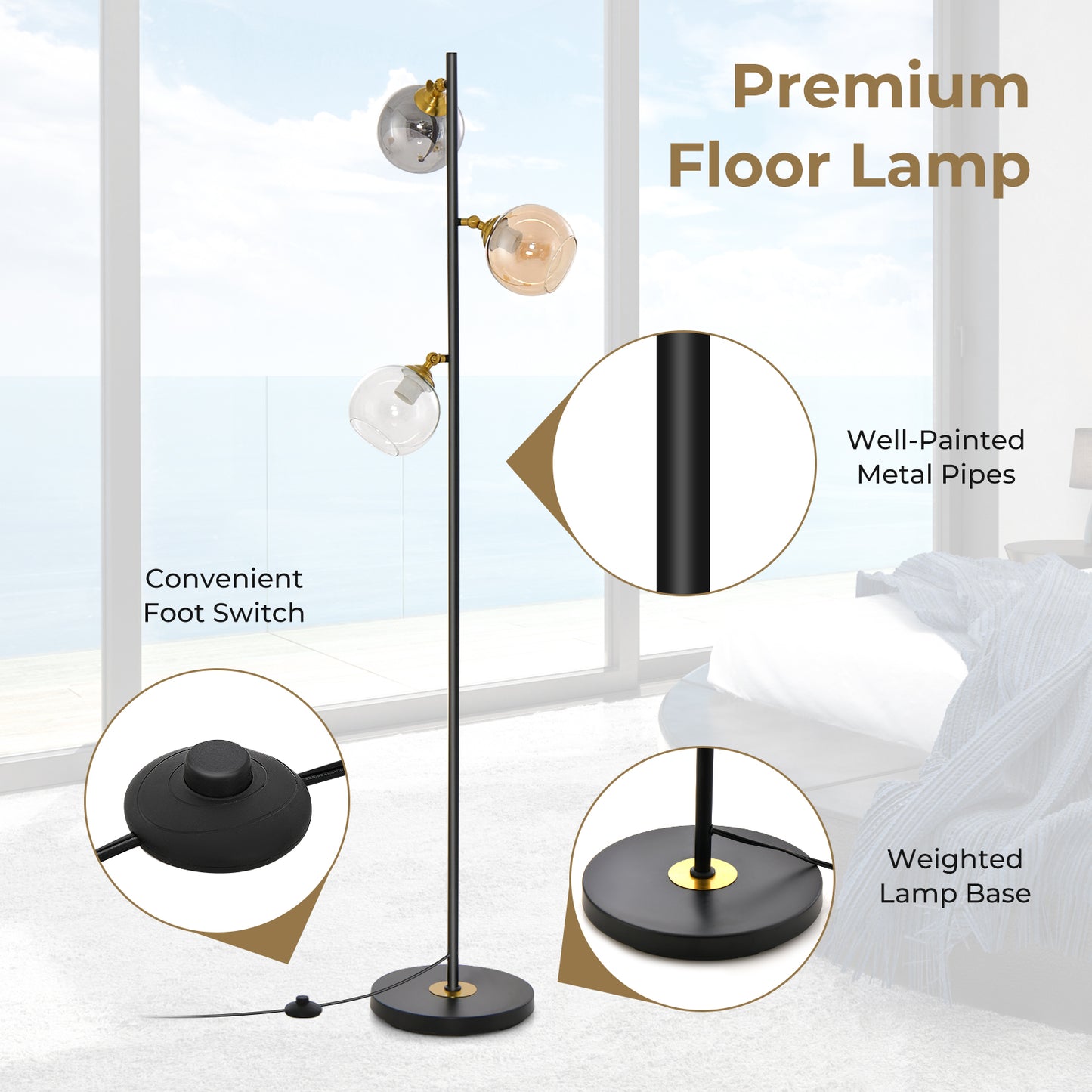 Elegant Mid-Century 3 Globe Floor Lamp with Adjustable Glass Shades and Weighted Base