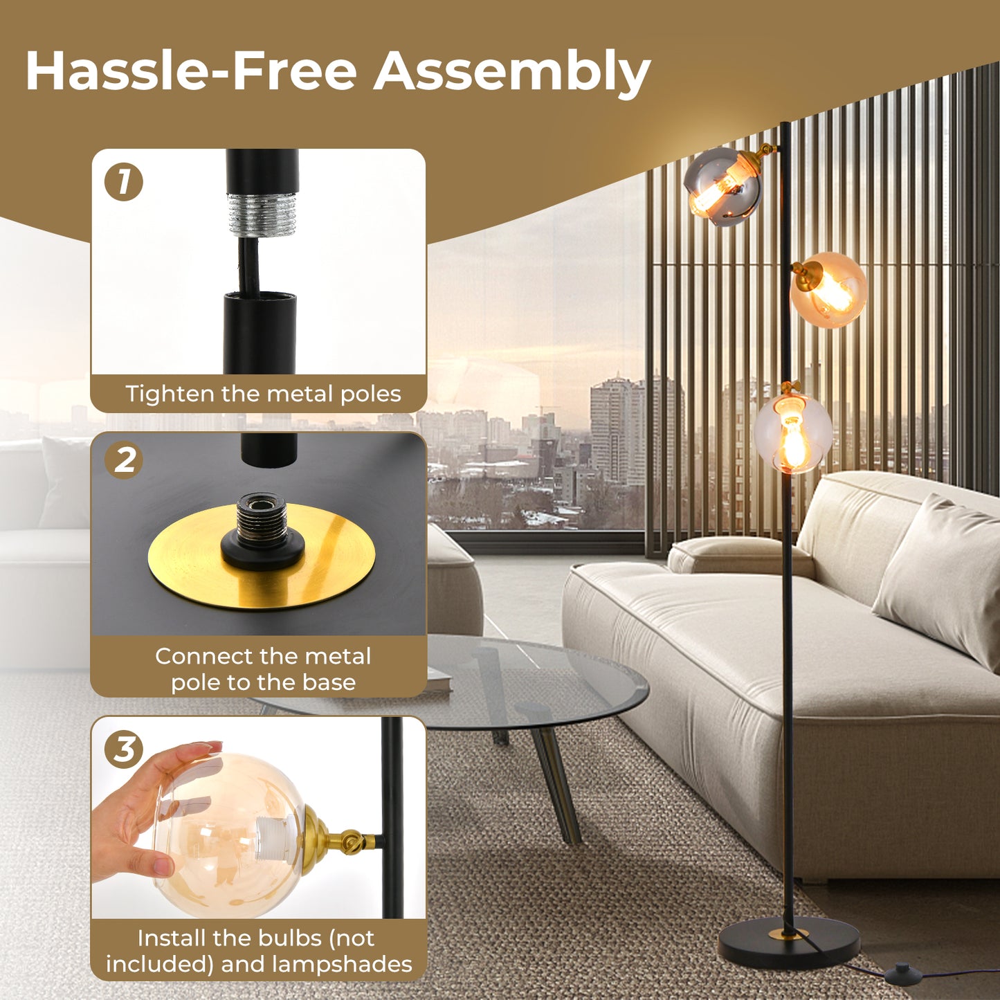 Elegant Mid-Century 3 Globe Floor Lamp with Adjustable Glass Shades and Weighted Base