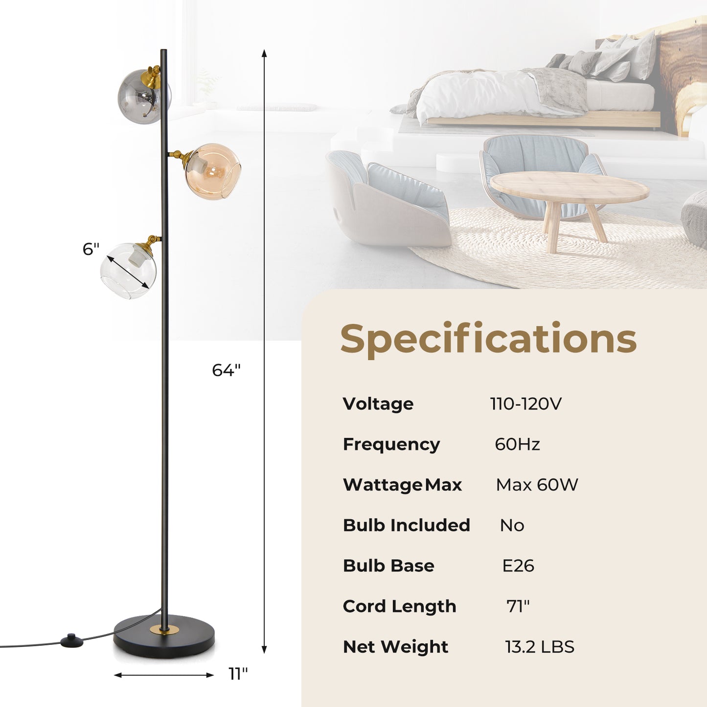 Elegant Mid-Century 3 Globe Floor Lamp with Adjustable Glass Shades and Weighted Base