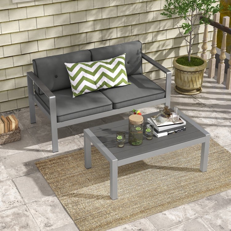 Modern 2-Seater Aluminum Loveseat with Cushions and WPC Armrests