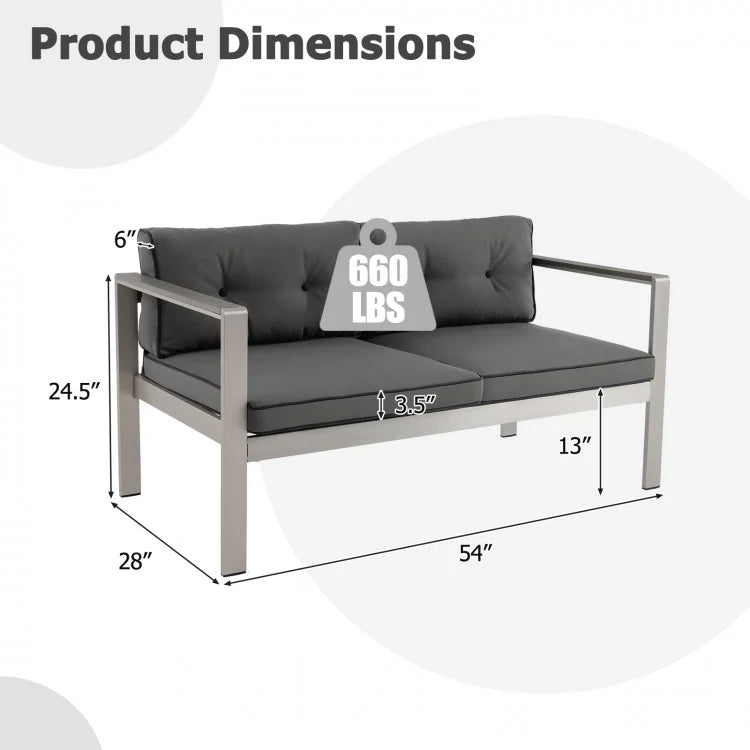 Modern 2-Seater Aluminum Loveseat with Cushions and WPC Armrests