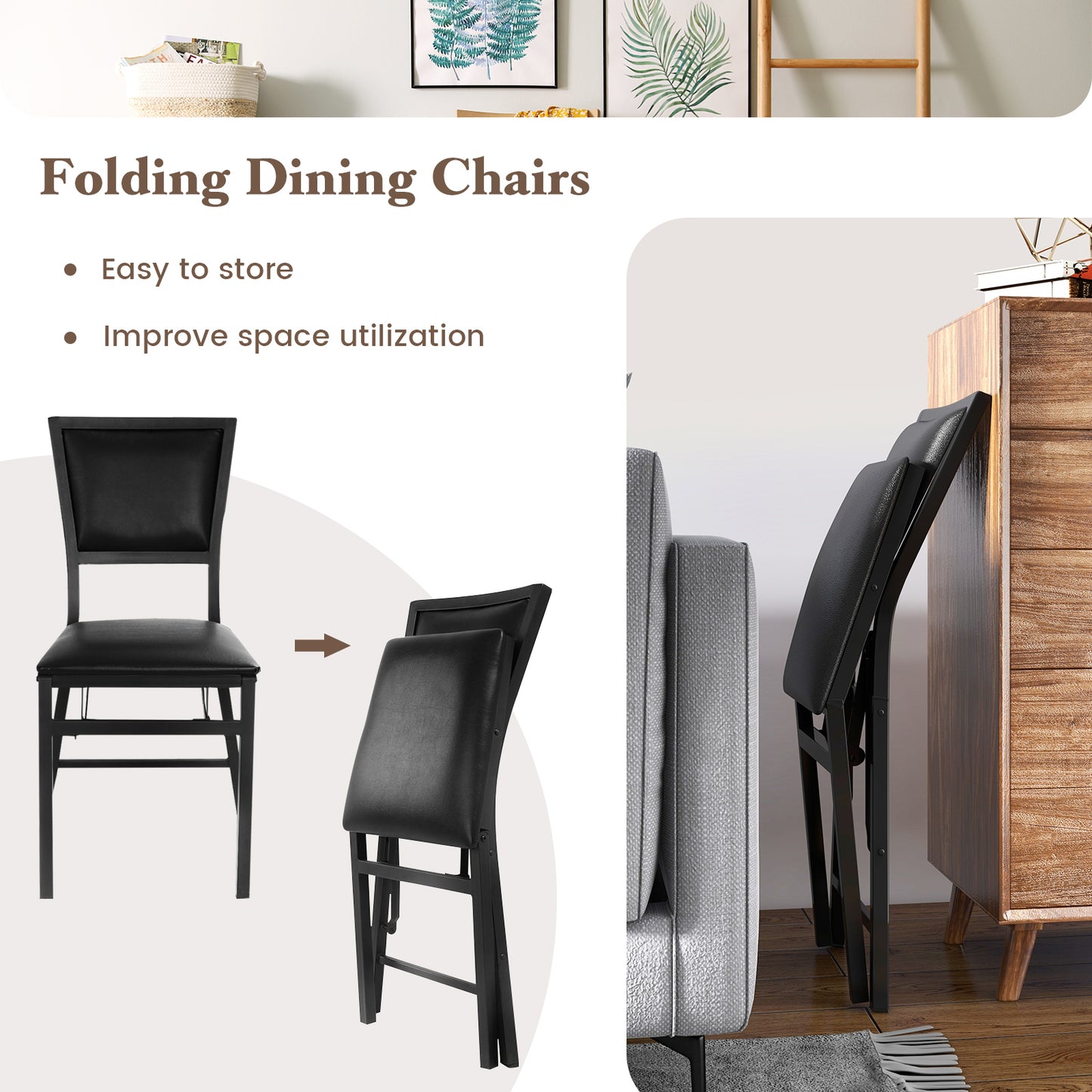 Set of 2 Foldable Metal Dining Chairs with Comfortable Seat and Space Saving Design