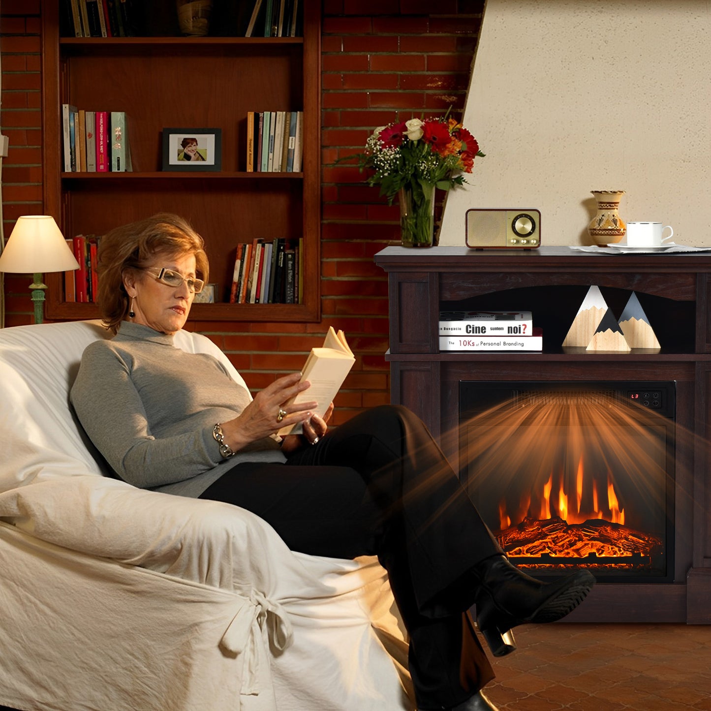32 Inch Electric Fireplace TV Stand with 1400W Heater & Storage Shelf