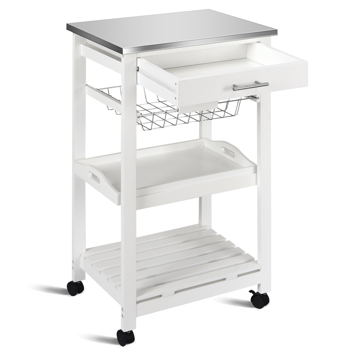 Kitchen Island Cart with Stainless Steel Top, Pull-Out Basket, and Storage Shelves - White