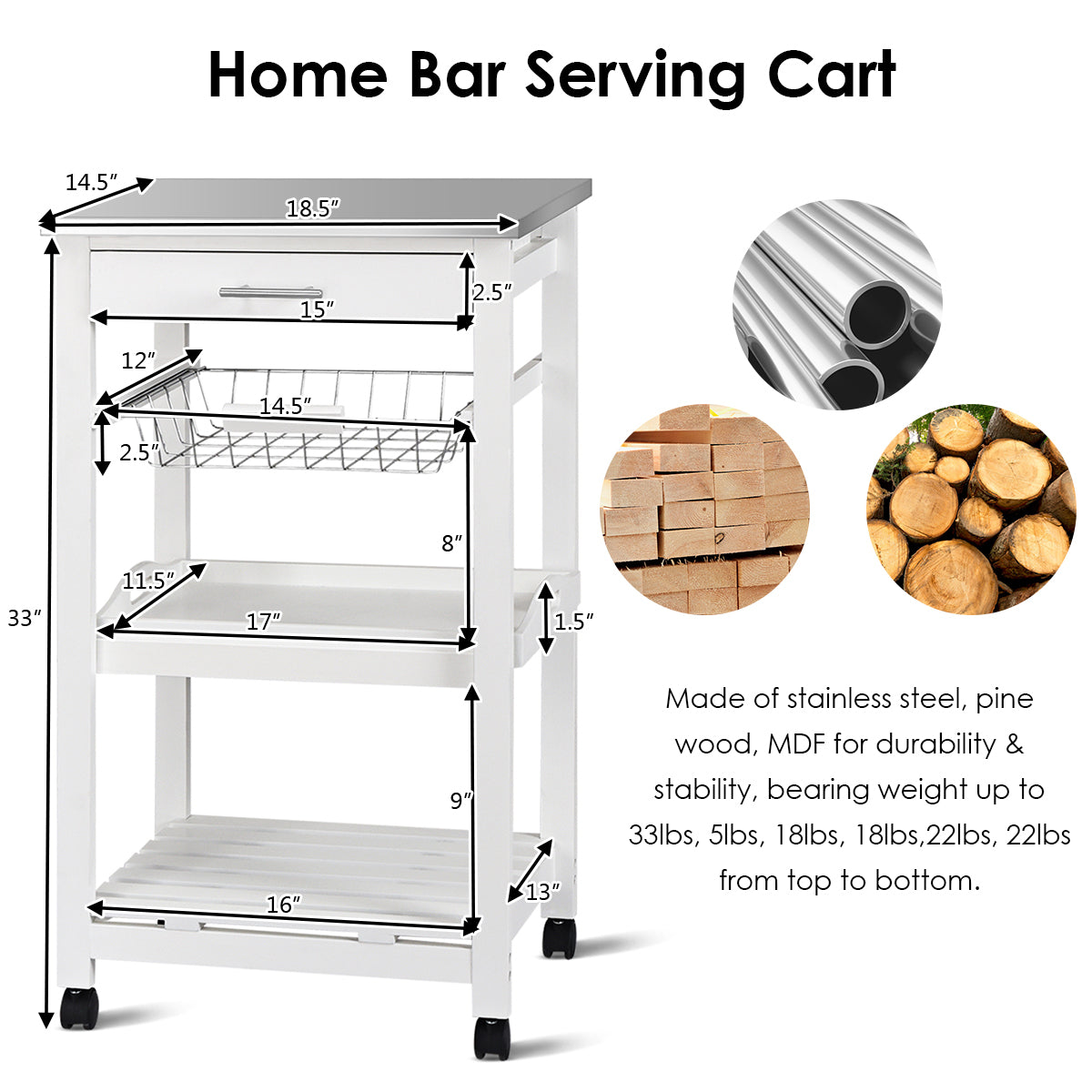 Kitchen Island Cart with Stainless Steel Top, Pull-Out Basket, and Storage Shelves - White