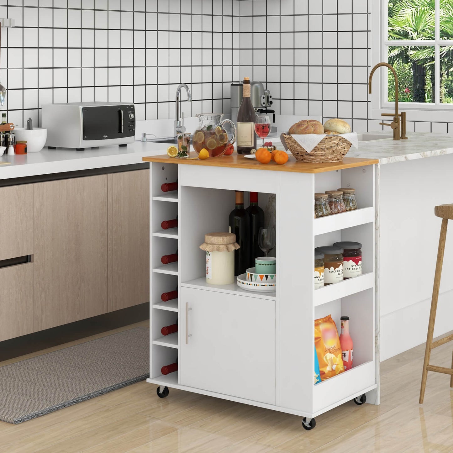 Rolling Kitchen Island Cart with Bamboo Top Wine Rack Cabinet and Spice Shelves
