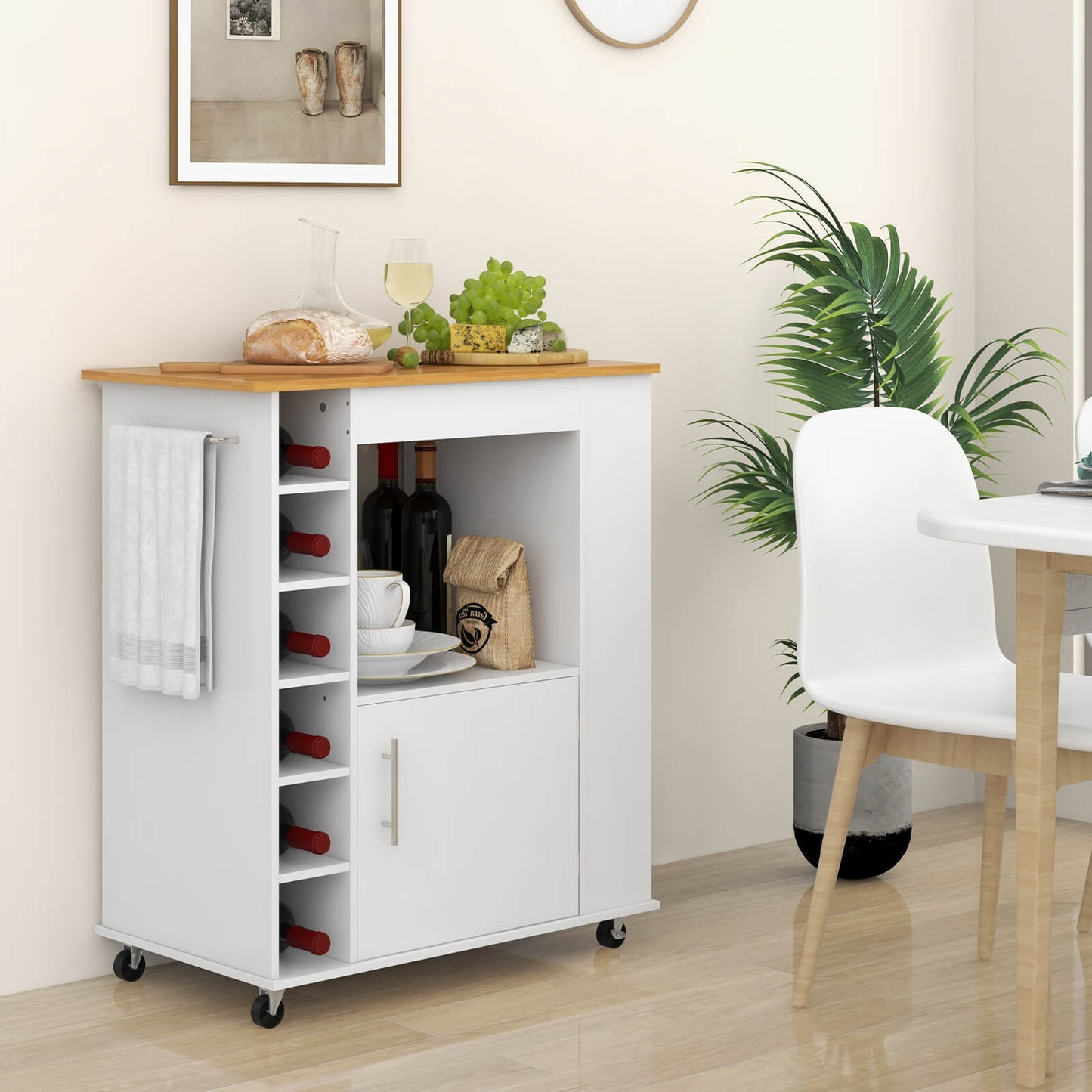 Rolling Kitchen Island Cart with Bamboo Top Wine Rack Cabinet and Spice Shelves