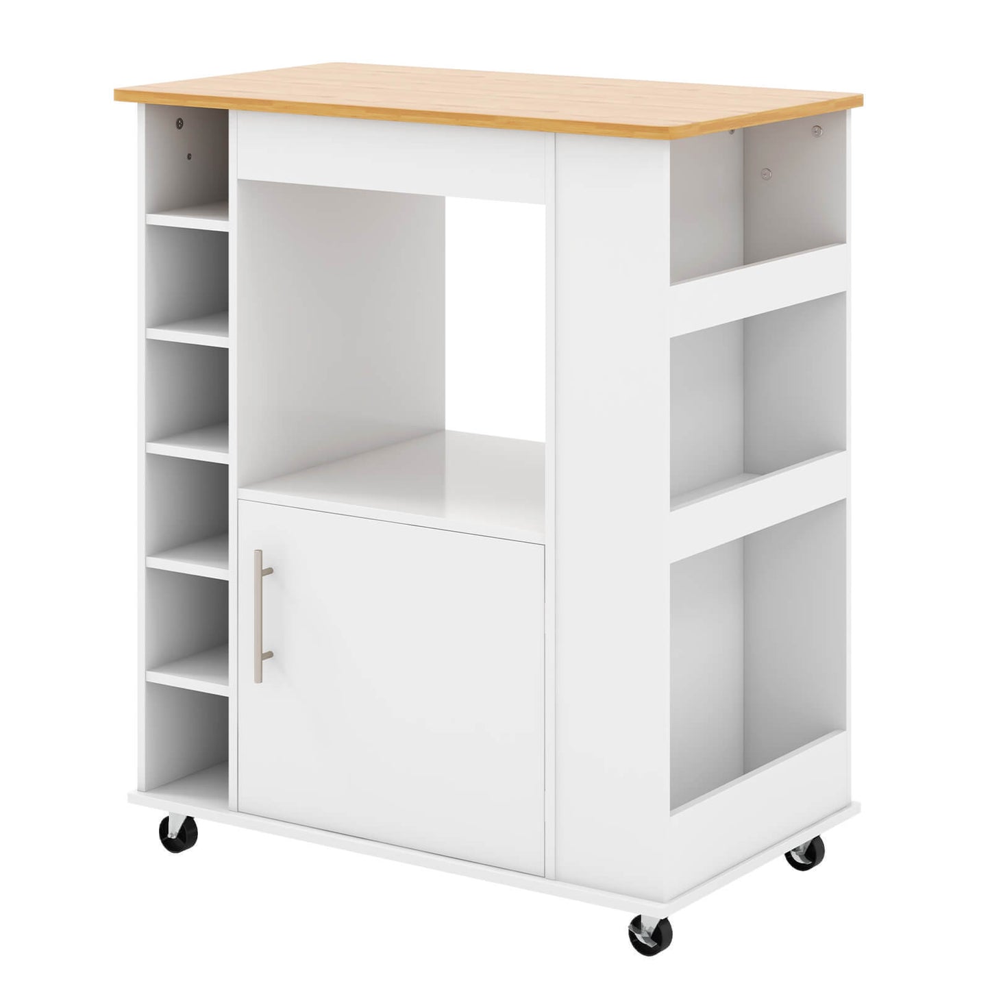 Rolling Kitchen Island Cart with Bamboo Top Wine Rack Cabinet and Spice Shelves