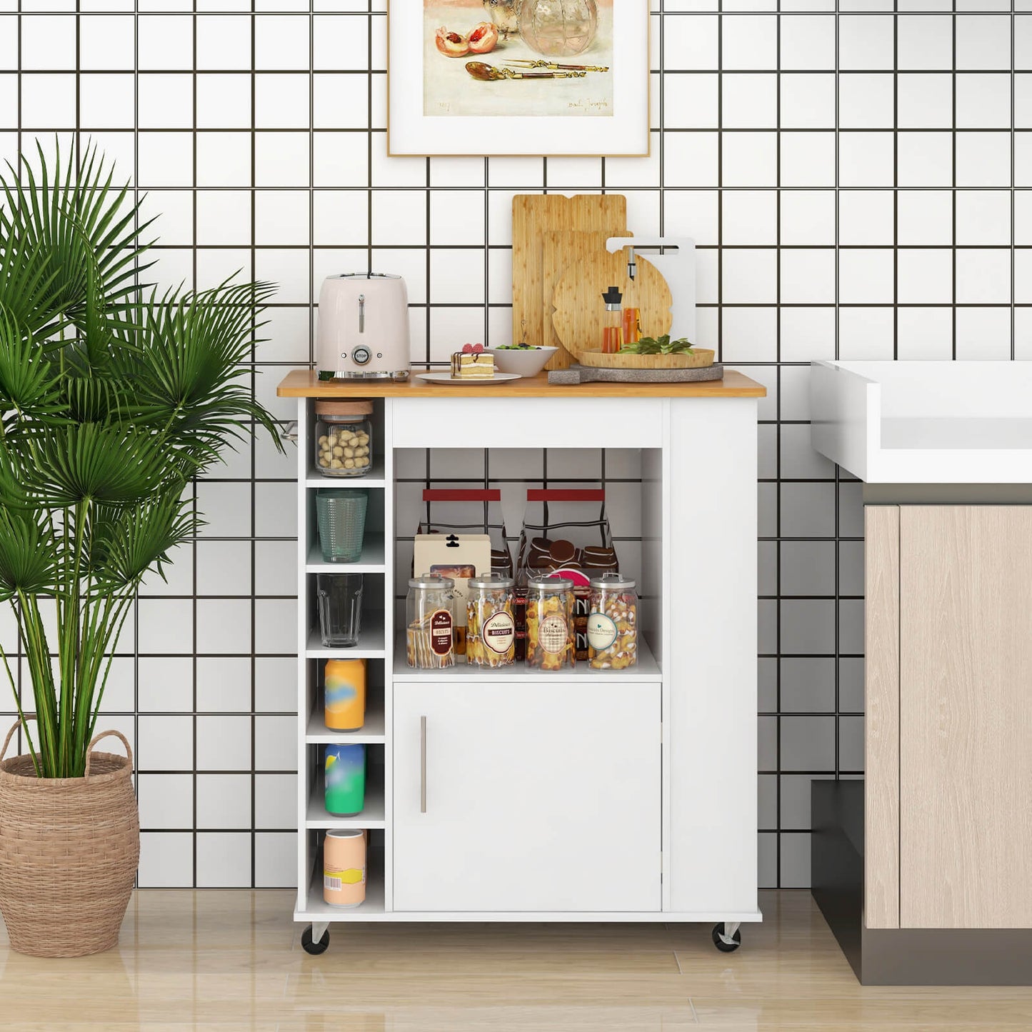Rolling Kitchen Island Cart with Bamboo Top Wine Rack Cabinet and Spice Shelves