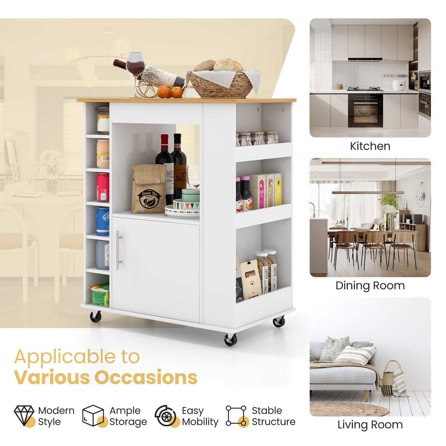 Rolling Kitchen Island Cart with Bamboo Top Wine Rack Cabinet and Spice Shelves