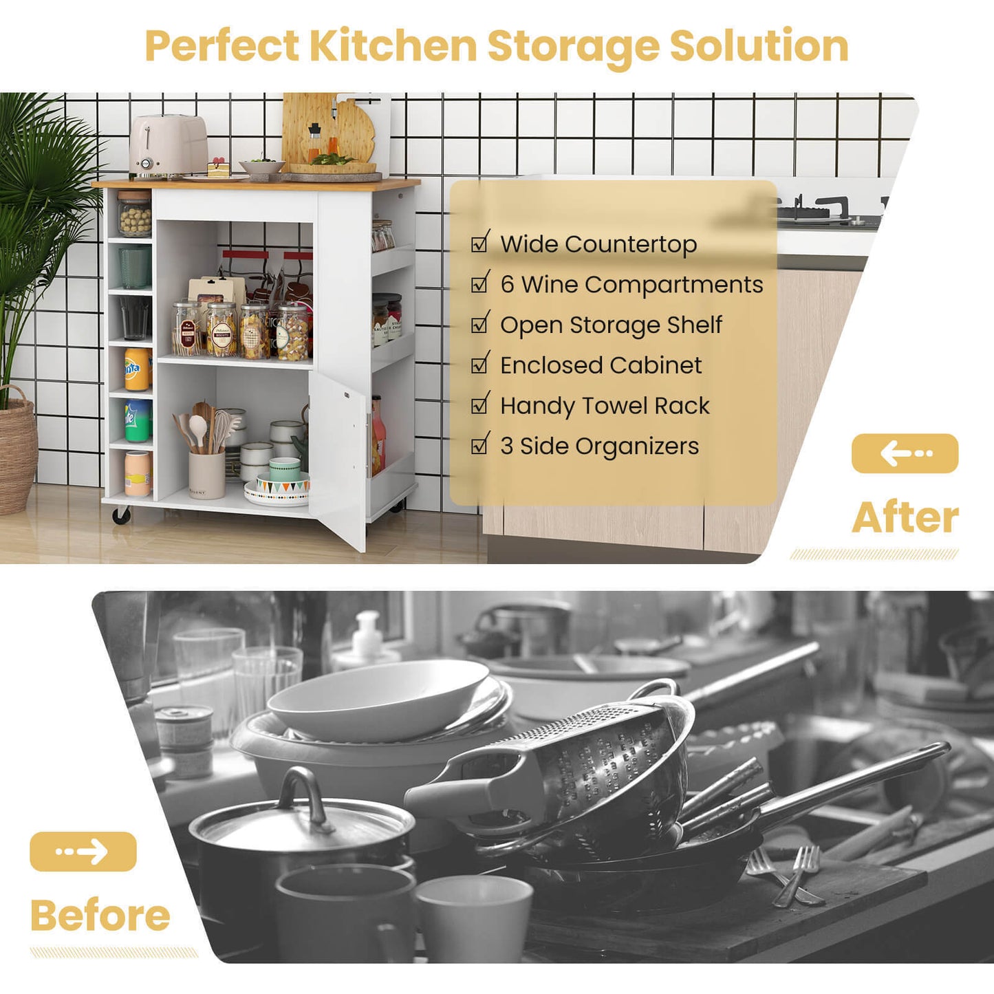 Rolling Kitchen Island Cart with Bamboo Top Wine Rack Cabinet and Spice Shelves