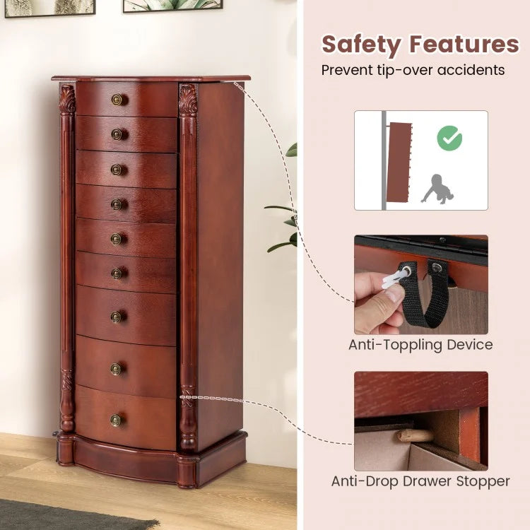 Premium Wooden Jewelry Cabinet with Mirror, 9 Drawers & Extra Necklace Storage – Freestanding Organizer