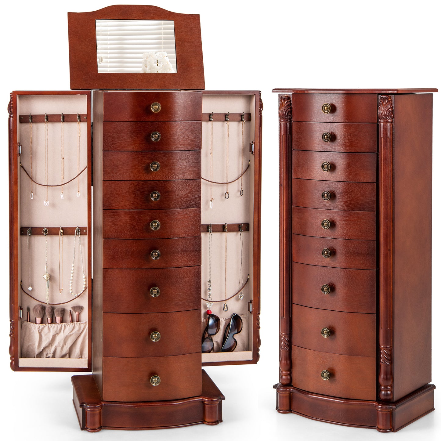 Premium Wooden Jewelry Cabinet with Mirror, 9 Drawers & Extra Necklace Storage – Freestanding Organizer