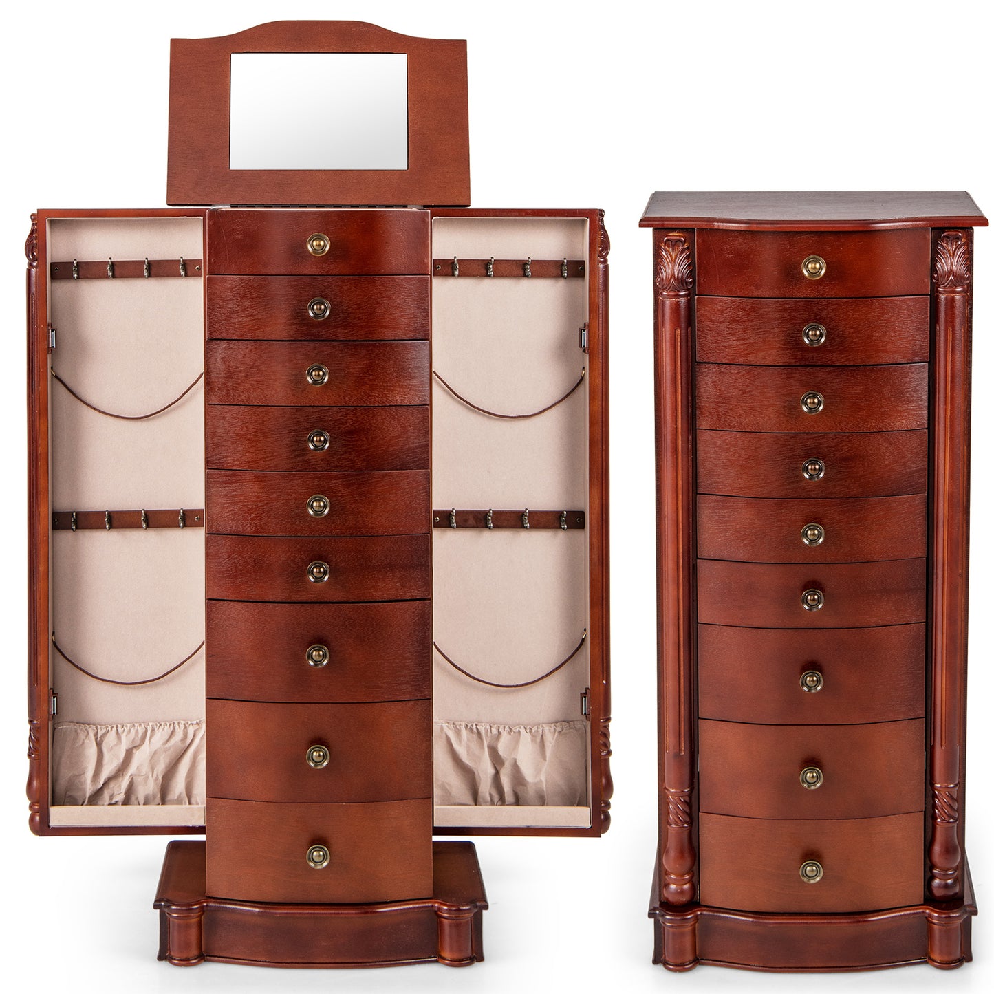 Premium Wooden Jewelry Cabinet with Mirror, 9 Drawers & Extra Necklace Storage – Freestanding Organizer