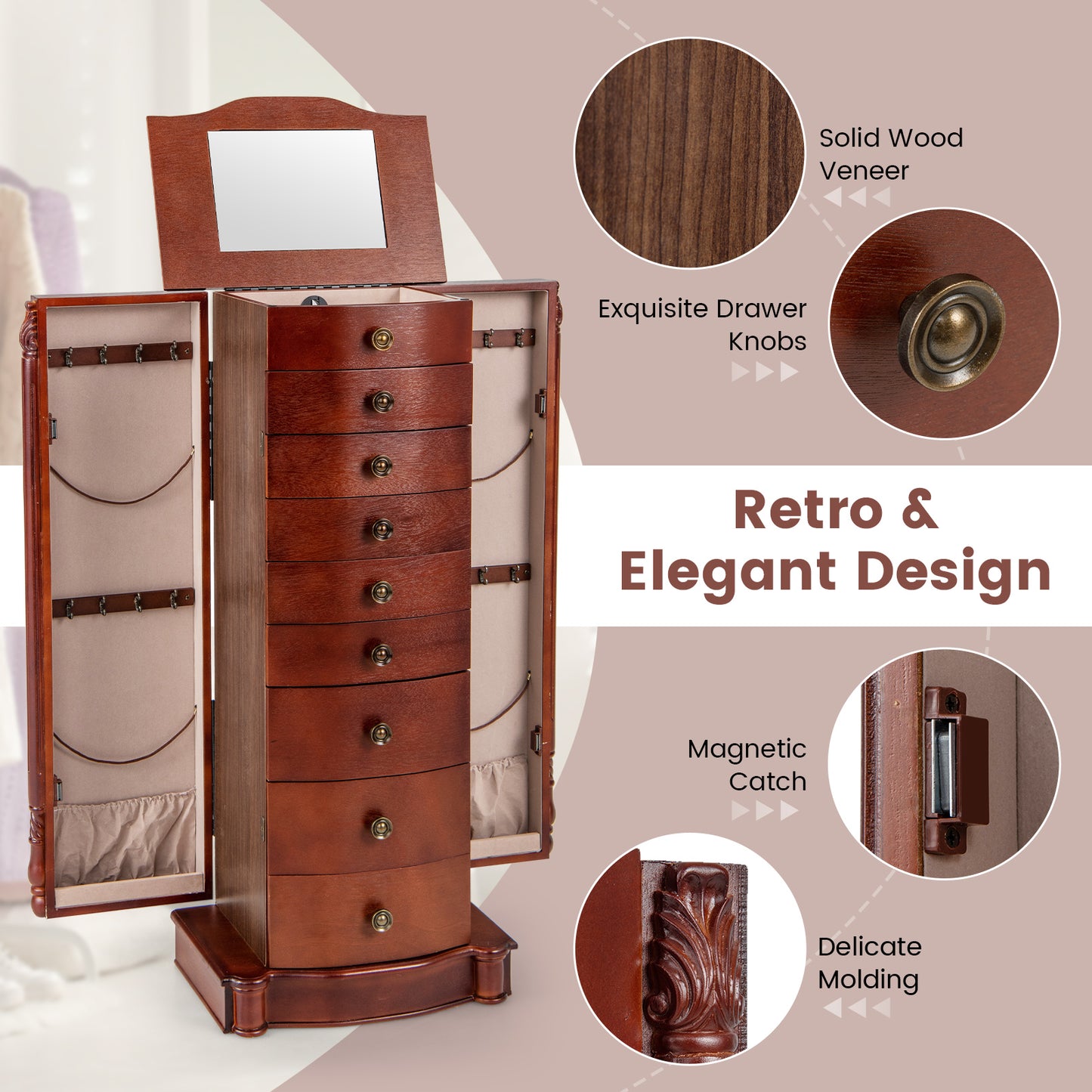 Premium Wooden Jewelry Cabinet with Mirror, 9 Drawers & Extra Necklace Storage – Freestanding Organizer