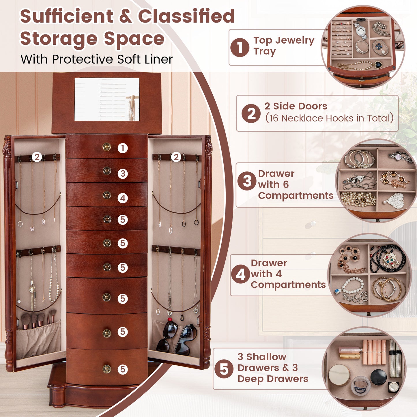 Premium Wooden Jewelry Cabinet with Mirror, 9 Drawers & Extra Necklace Storage – Freestanding Organizer