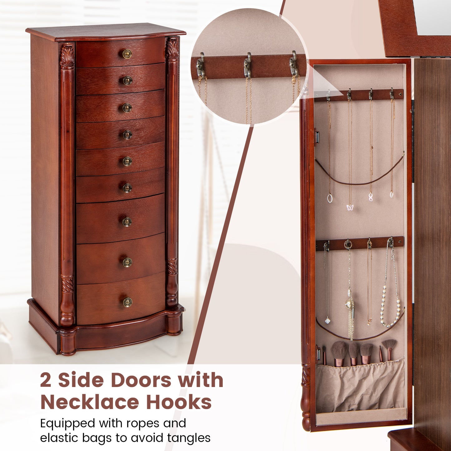 Premium Wooden Jewelry Cabinet with Mirror, 9 Drawers & Extra Necklace Storage – Freestanding Organizer