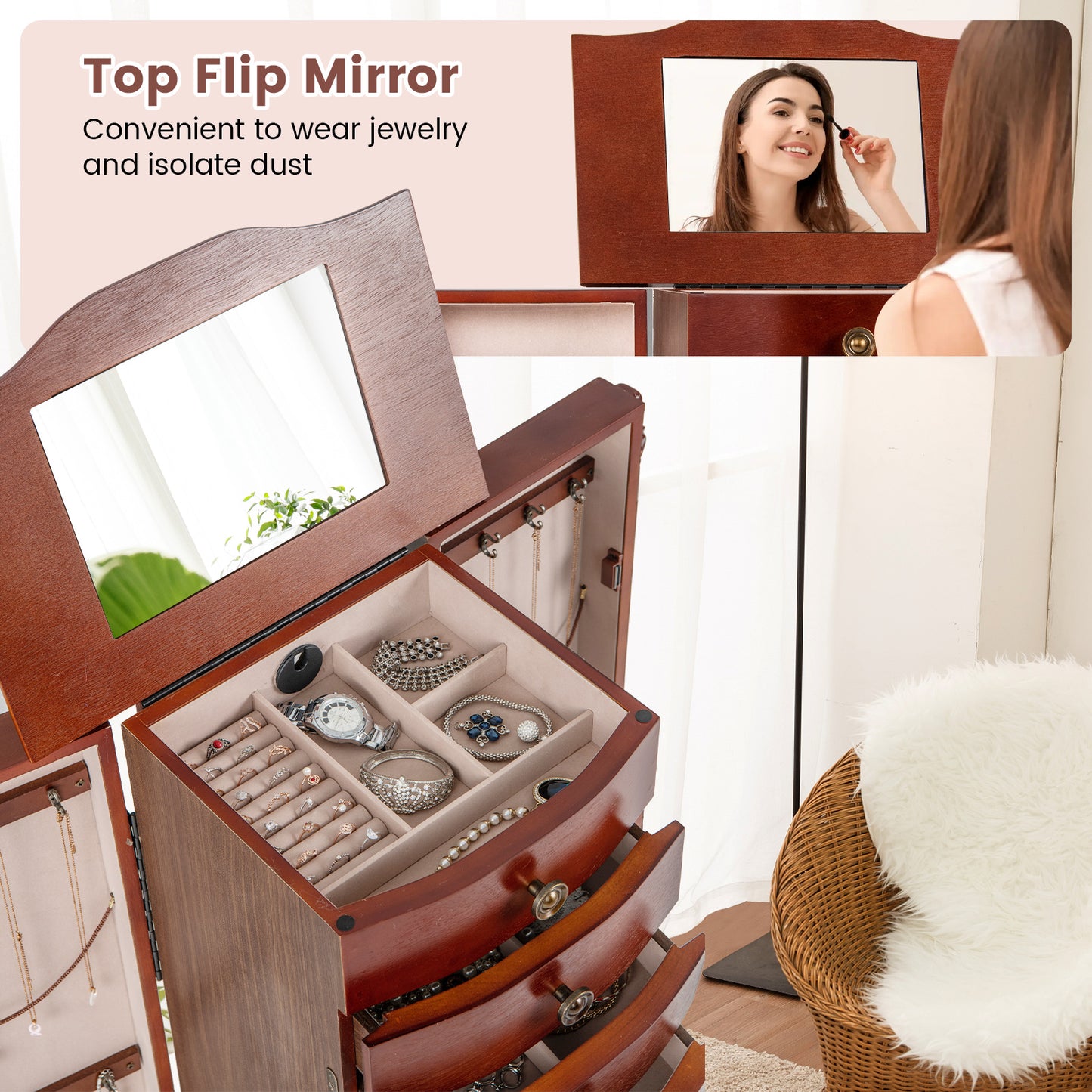 Premium Wooden Jewelry Cabinet with Mirror, 9 Drawers & Extra Necklace Storage – Freestanding Organizer