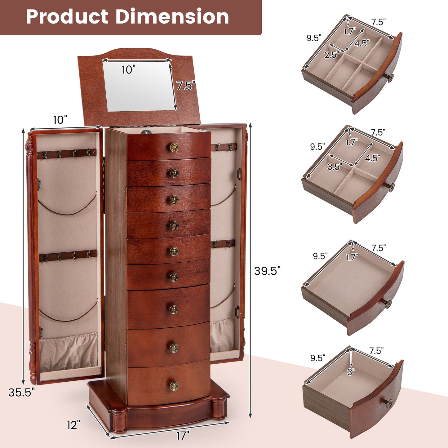 Premium Wooden Jewelry Cabinet with Mirror, 9 Drawers & Extra Necklace Storage – Freestanding Organizer