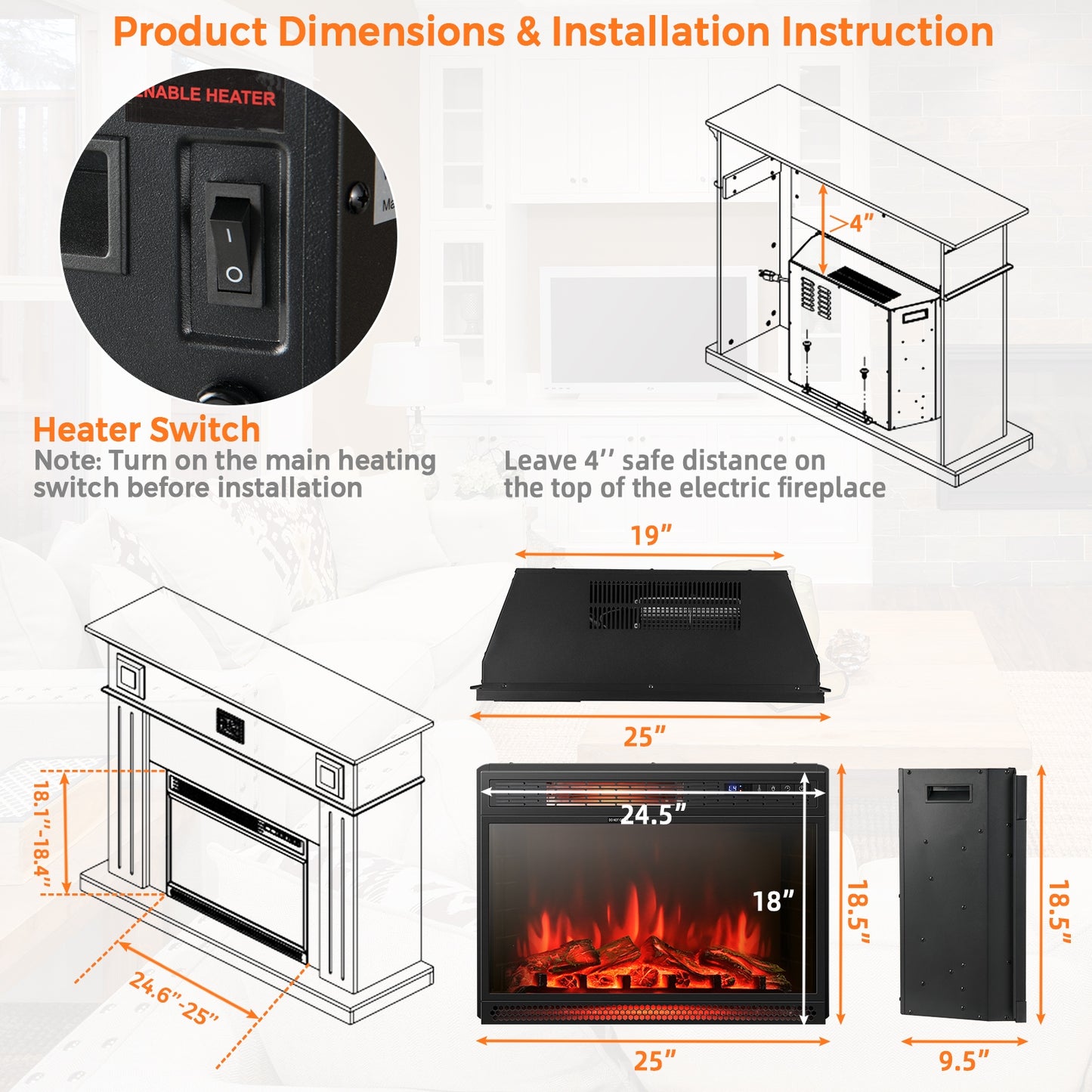 25 Inch Recessed Electric Fireplace Heater
