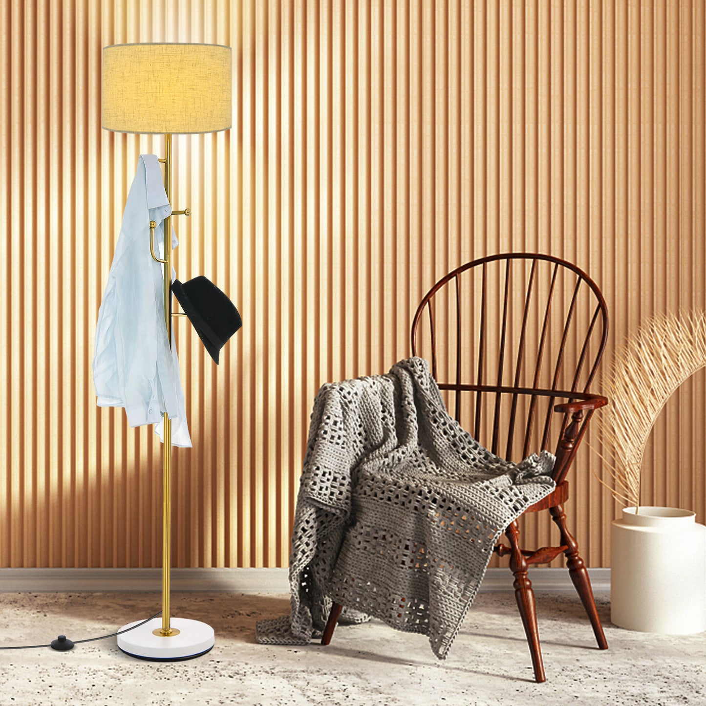 2-in-1 Freestanding Floor Lamp with Coat Rack, 5 Hooks & Weighted Base