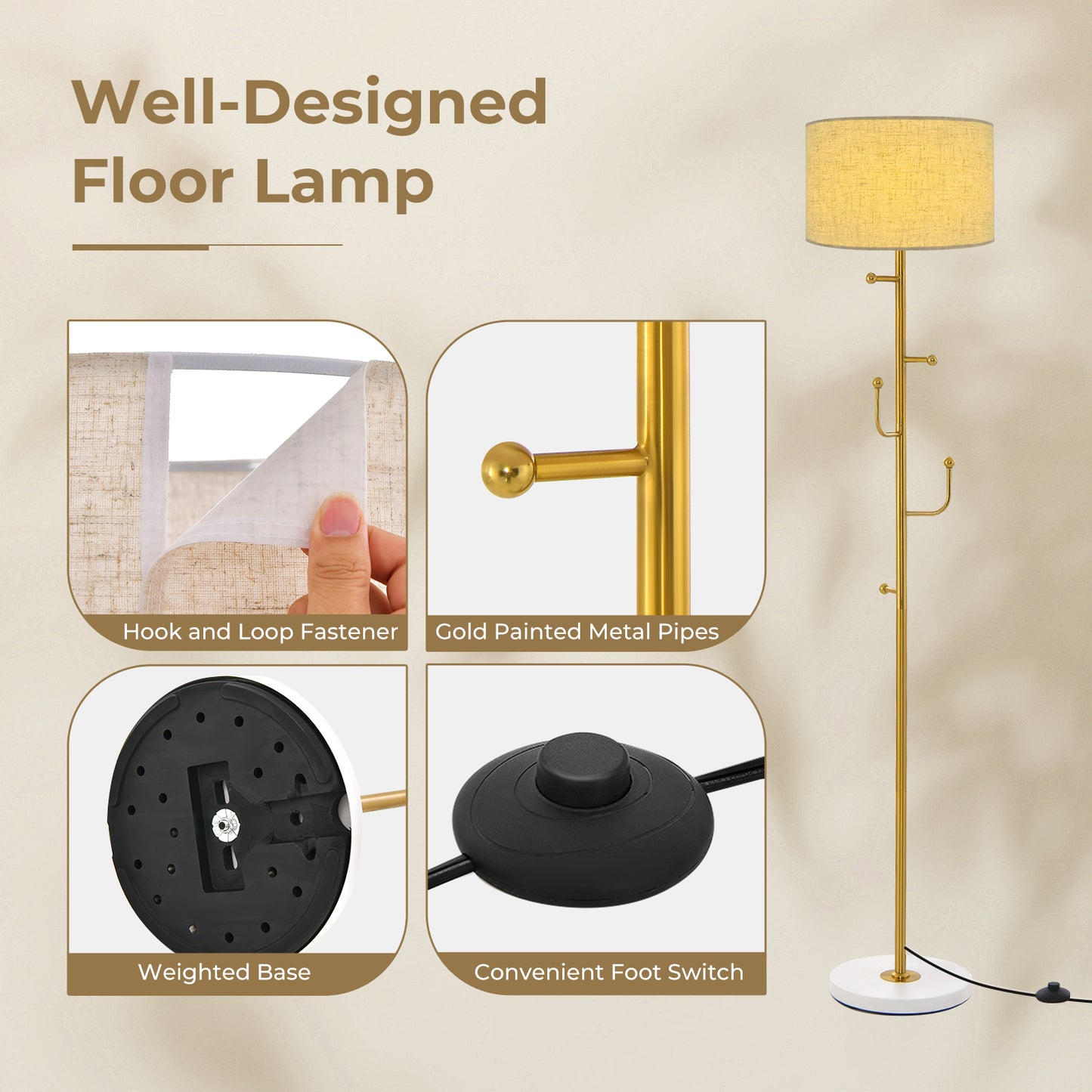 2-in-1 Freestanding Floor Lamp with Coat Rack, 5 Hooks & Weighted Base