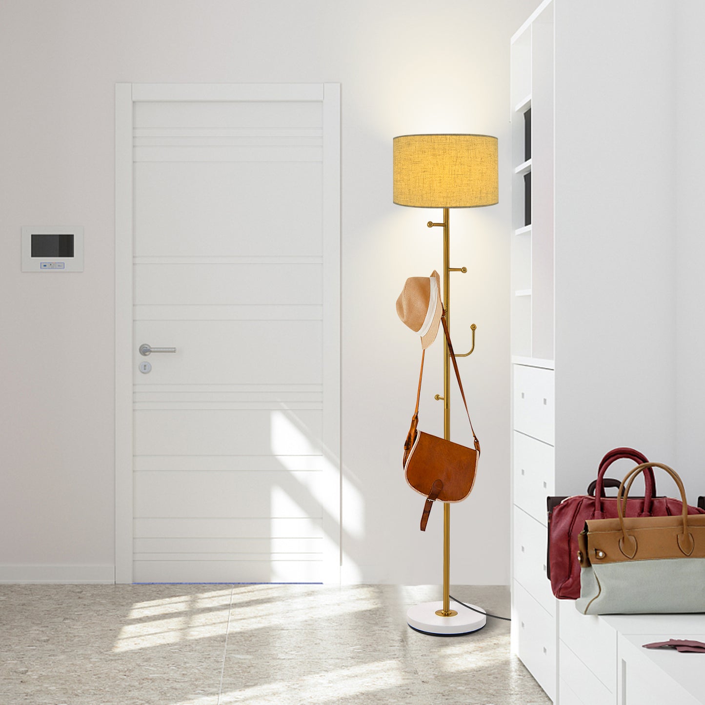 2-in-1 Freestanding Floor Lamp with Coat Rack, 5 Hooks & Weighted Base