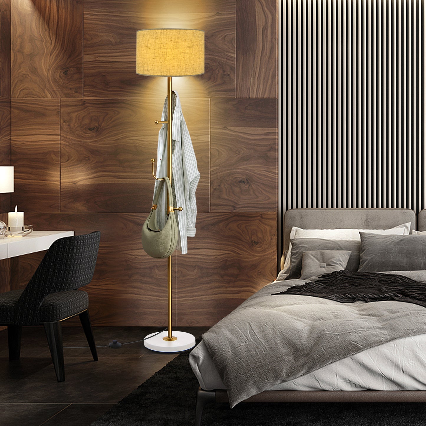 2-in-1 Freestanding Floor Lamp with Coat Rack, 5 Hooks & Weighted Base