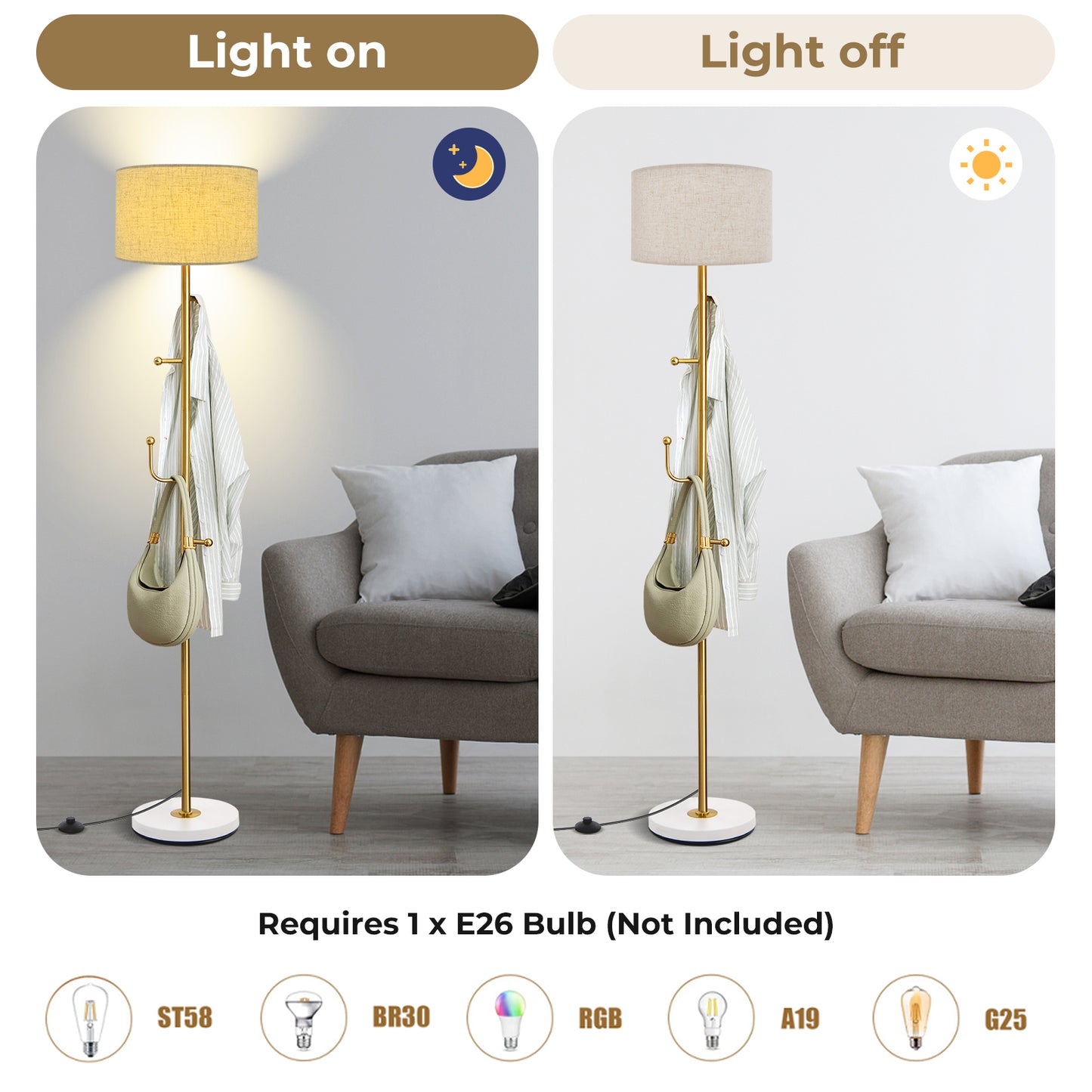 2-in-1 Freestanding Floor Lamp with Coat Rack, 5 Hooks & Weighted Base