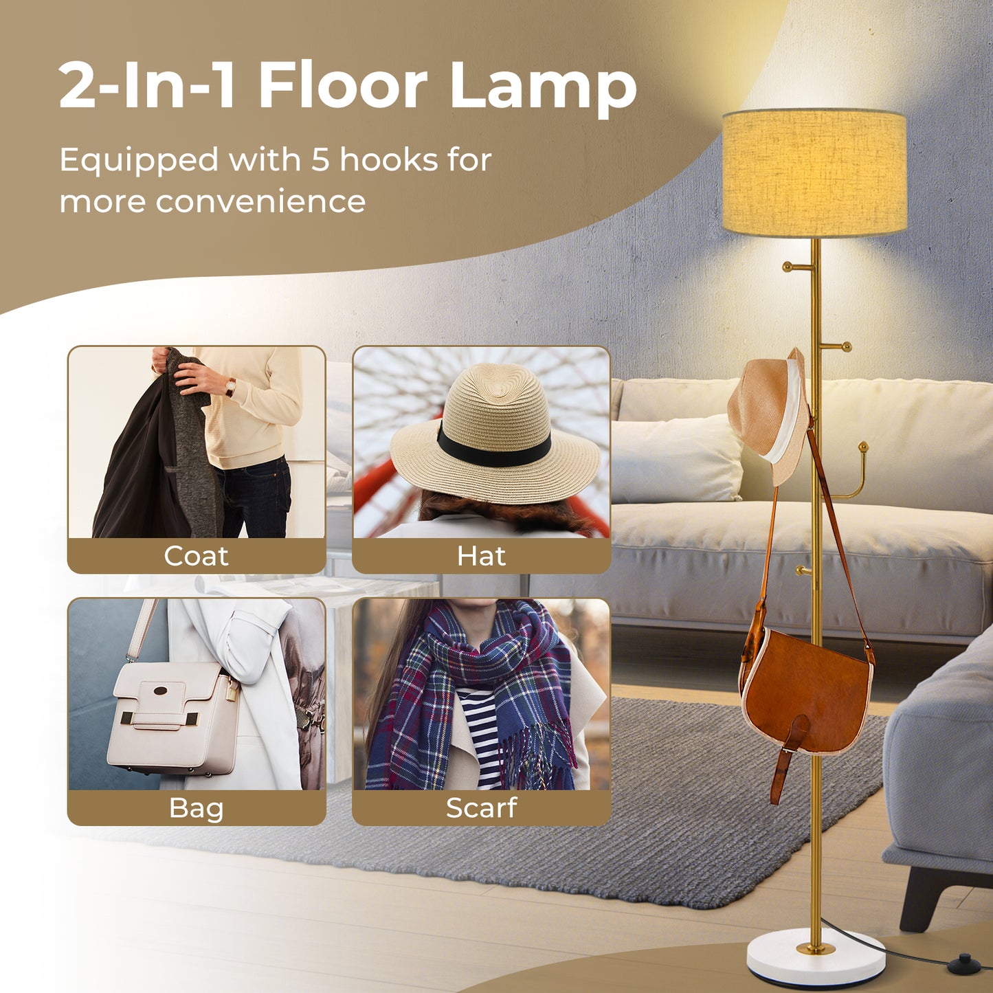 2-in-1 Freestanding Floor Lamp with Coat Rack, 5 Hooks & Weighted Base