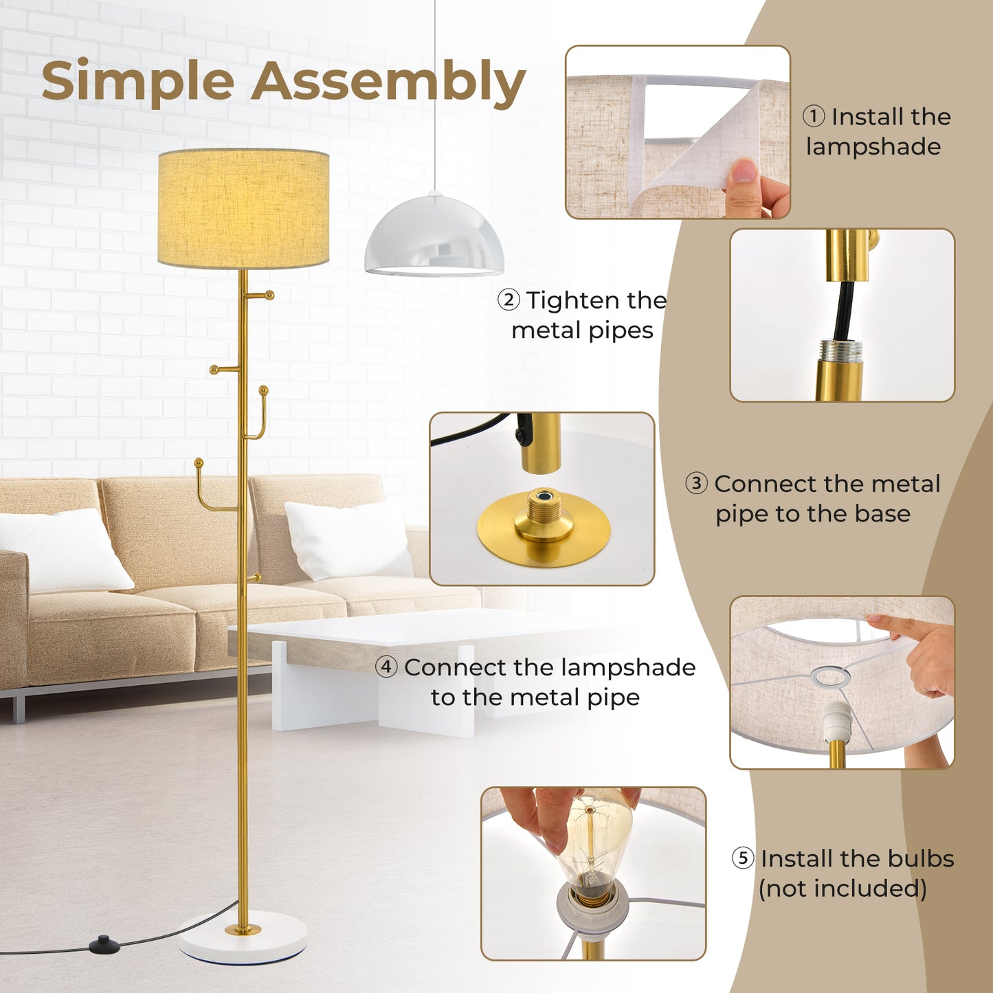 2-in-1 Freestanding Floor Lamp with Coat Rack, 5 Hooks & Weighted Base