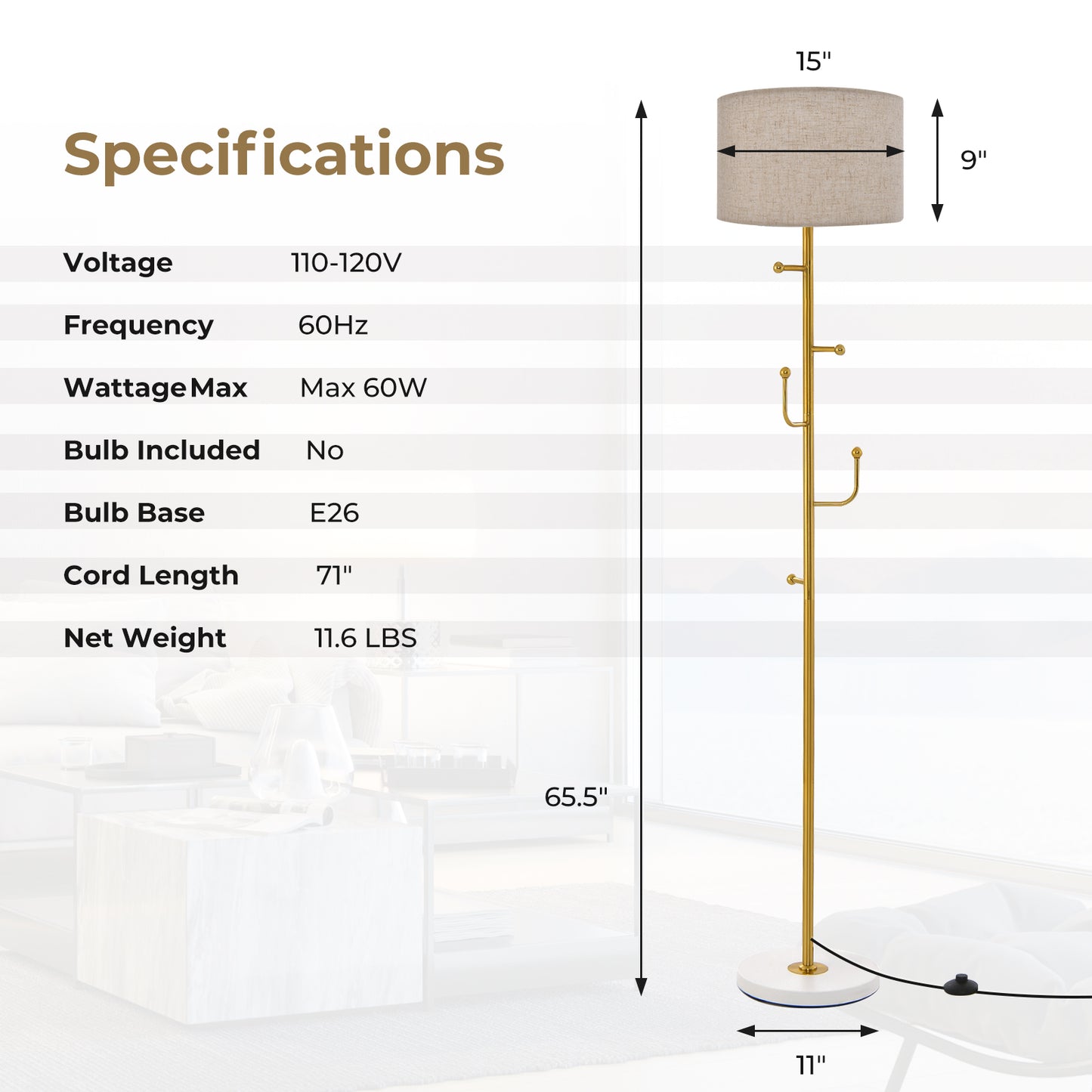 2-in-1 Freestanding Floor Lamp with Coat Rack, 5 Hooks & Weighted Base