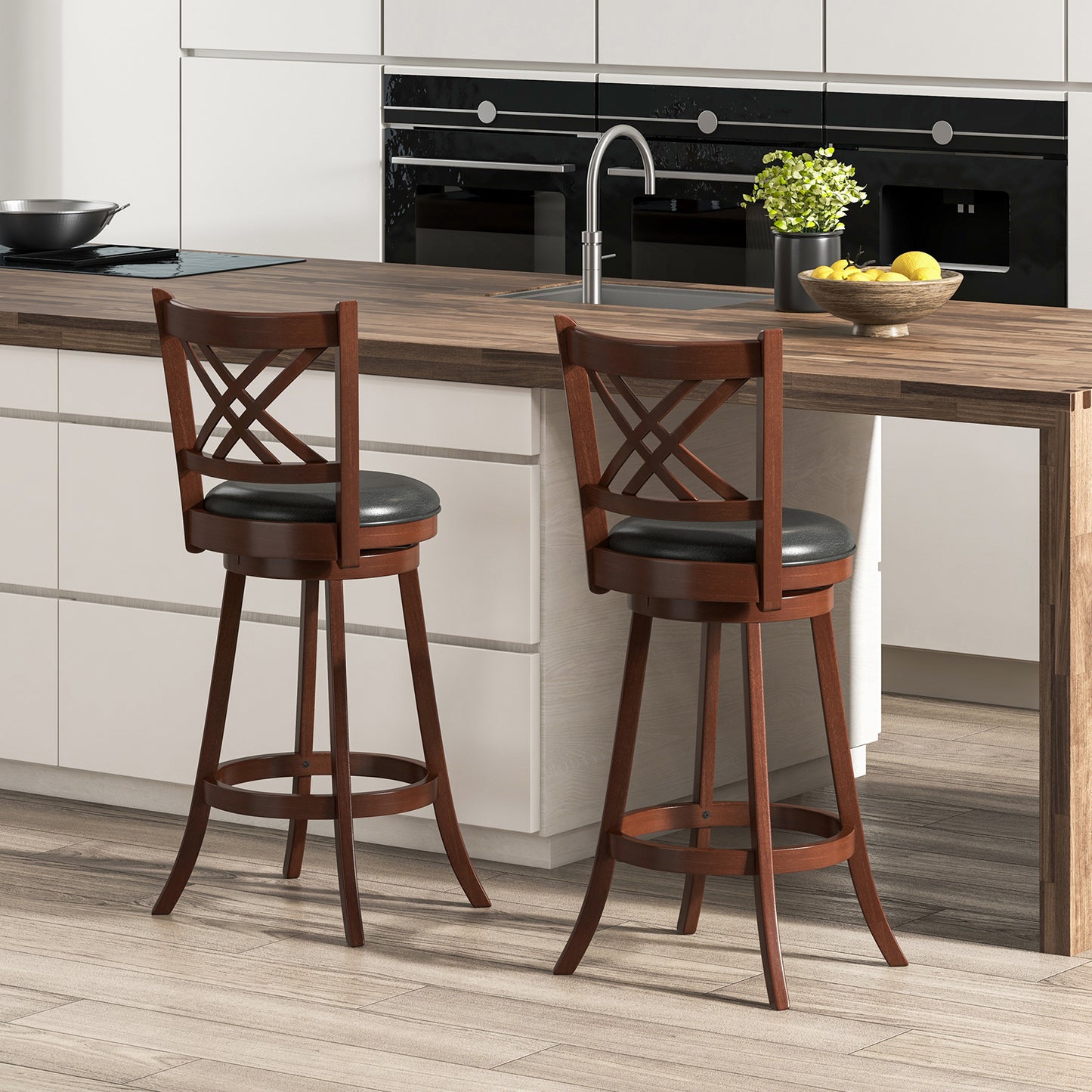 Upholstered Swivel Barstools with Backrest and Footrest, Set of 2 - 29 Inches